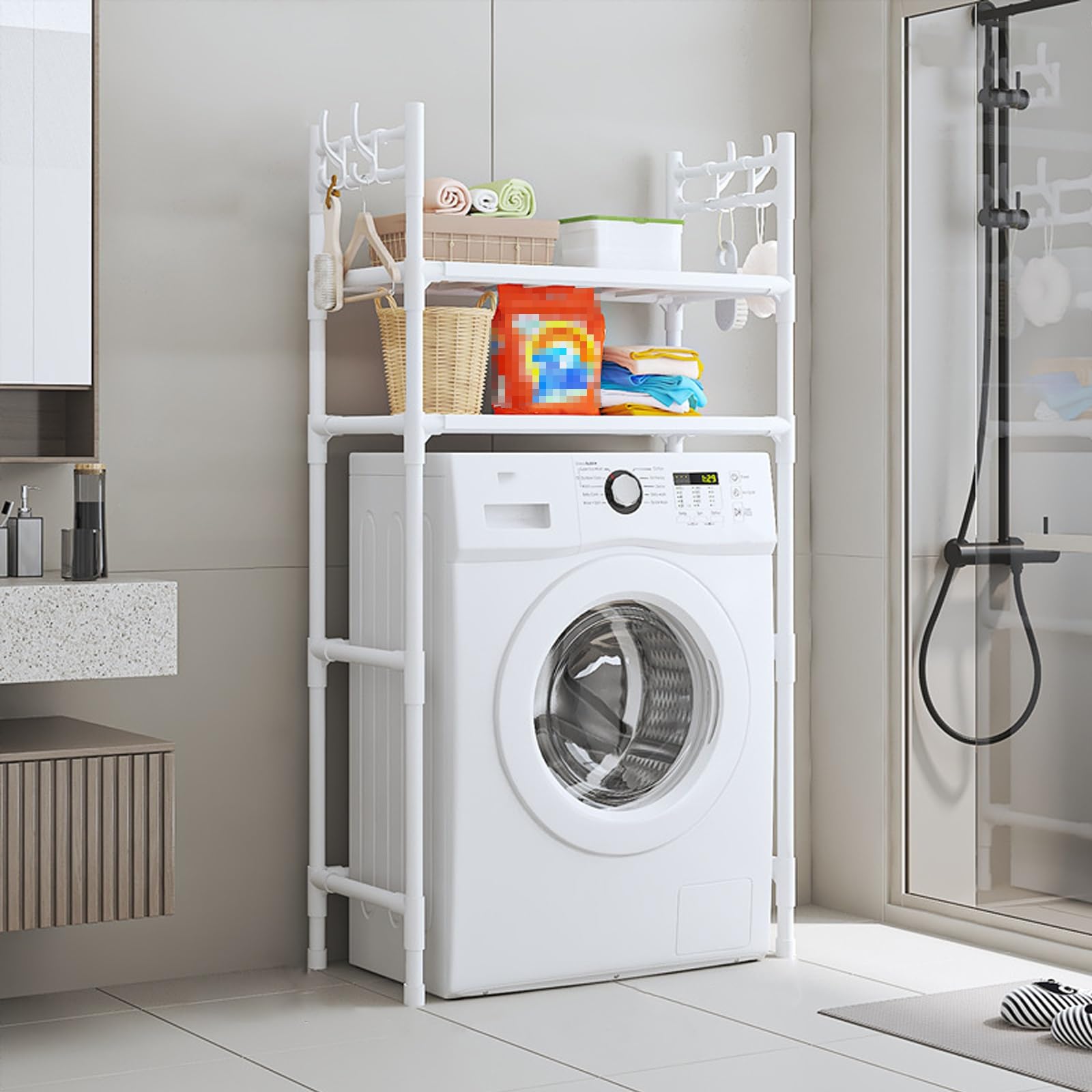 Mit mehrstufiger Ablage über Waschmaschine und Trockner, solide und langlebig über der Waschmaschine und Trockner Lagerung Regal, einfach zu installieren, geeignet für Bad/Balkon/Waschküche(White,Two