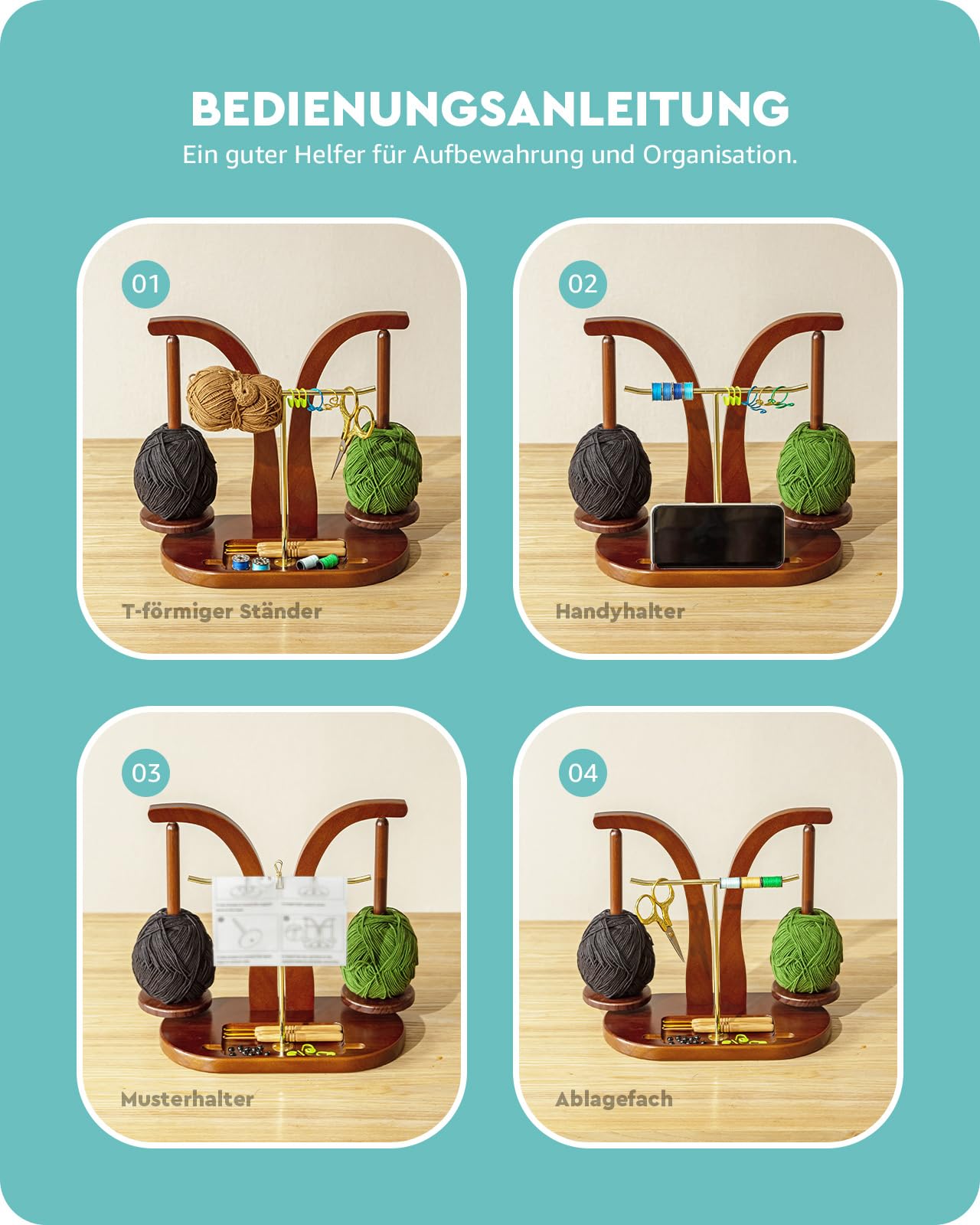 Baffect Garnhalter, magnetisch, Wollhalter aus Holz mit Strickzubehör, doppelter Garnkugelhalter für Häkelliebhaber (Braun + Gold)