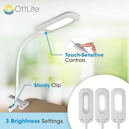 Miniatura 2 de OttLite - Lámpara de clip LED flexible con tecnología LED ClearSun, luz de clip suave al tacto es regulable y flexible, lámpara de lectura fácil de