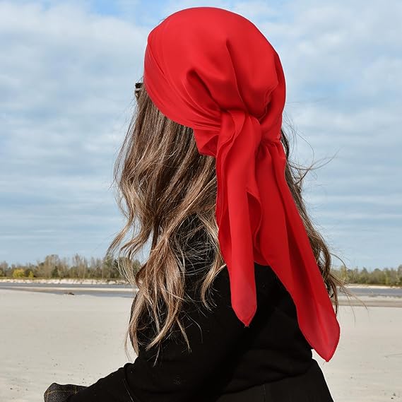 CHLINS 27 Inches Silk Feeling Square Head Scarf - 4 Pcs Satin Square Head Scarves for Women Hair Bandanas (Red Black Beige Camel