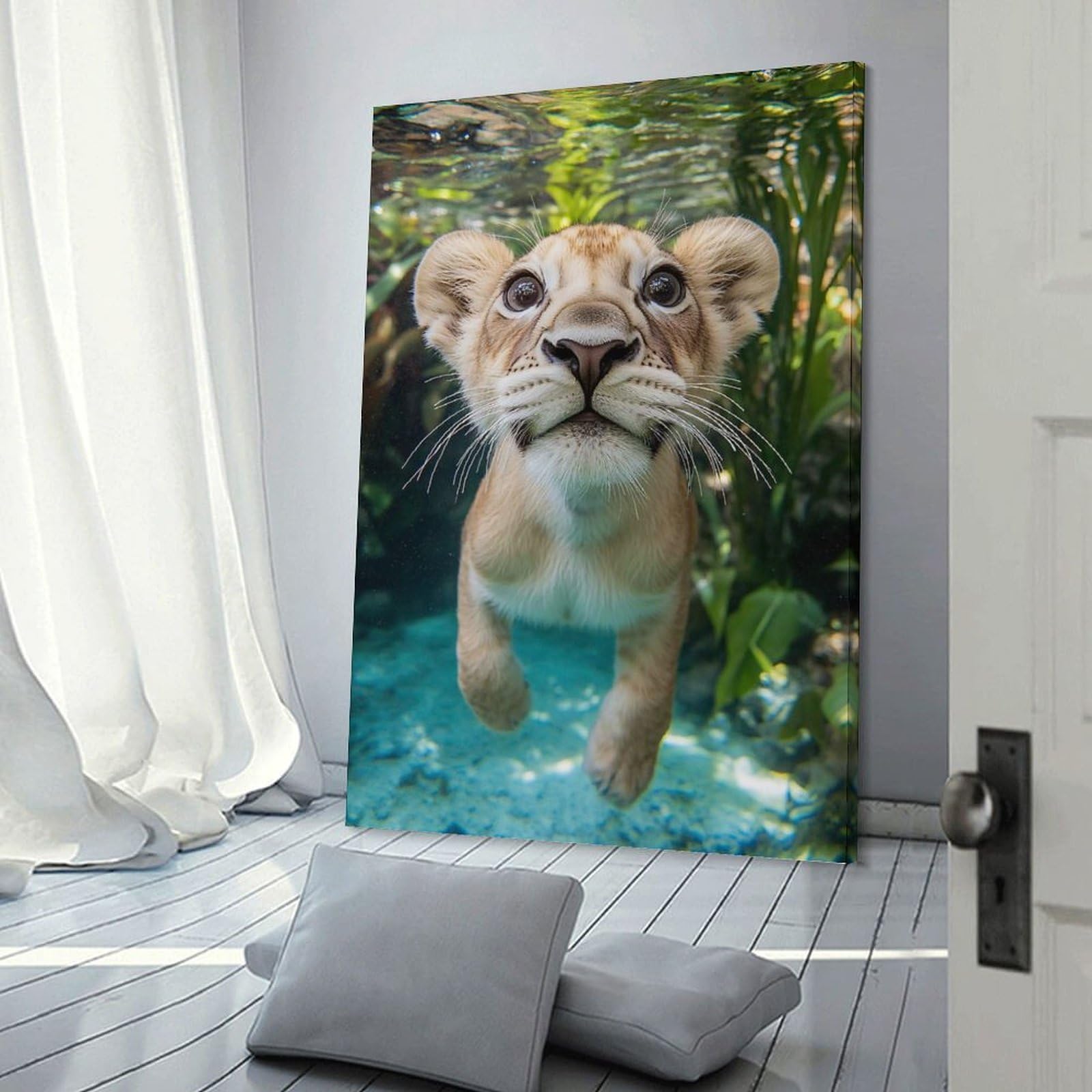 Junmoney Frame-Style-10 Canvas Art Print Lion Cub Swimming Underwater Close-Up, 20X30inch(50X75cm), For Calm Bedrooms, Home Corners Or Flats, A Warm Accent For Relaxed Interiors