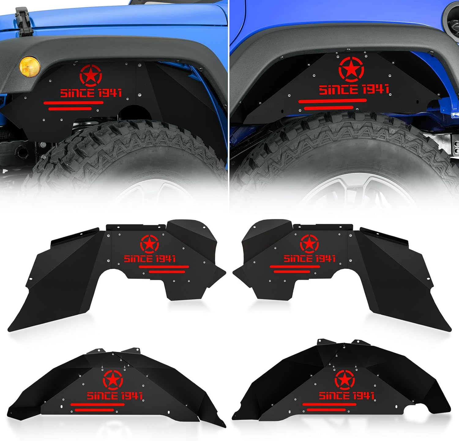 EYOUHZ Steel Inner Fender Liners for 2007-2018 Jeep Wrangler JK/JKU - Front Rear Mud Guards, Rust-Proof, Bolt-On Install (4PCS)
