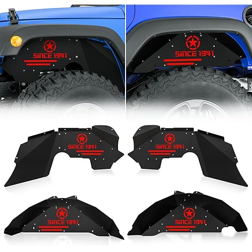 for Wrangler JK Front and Rear Inner Fender Liners Compatible with 2007-2018 Jeep Wrangler JK & JKU 2/4 Doors, Since 1941 Logo Steel Back Mud Guards Wheel Well Cover Fender Flare Liners (4 PCS)