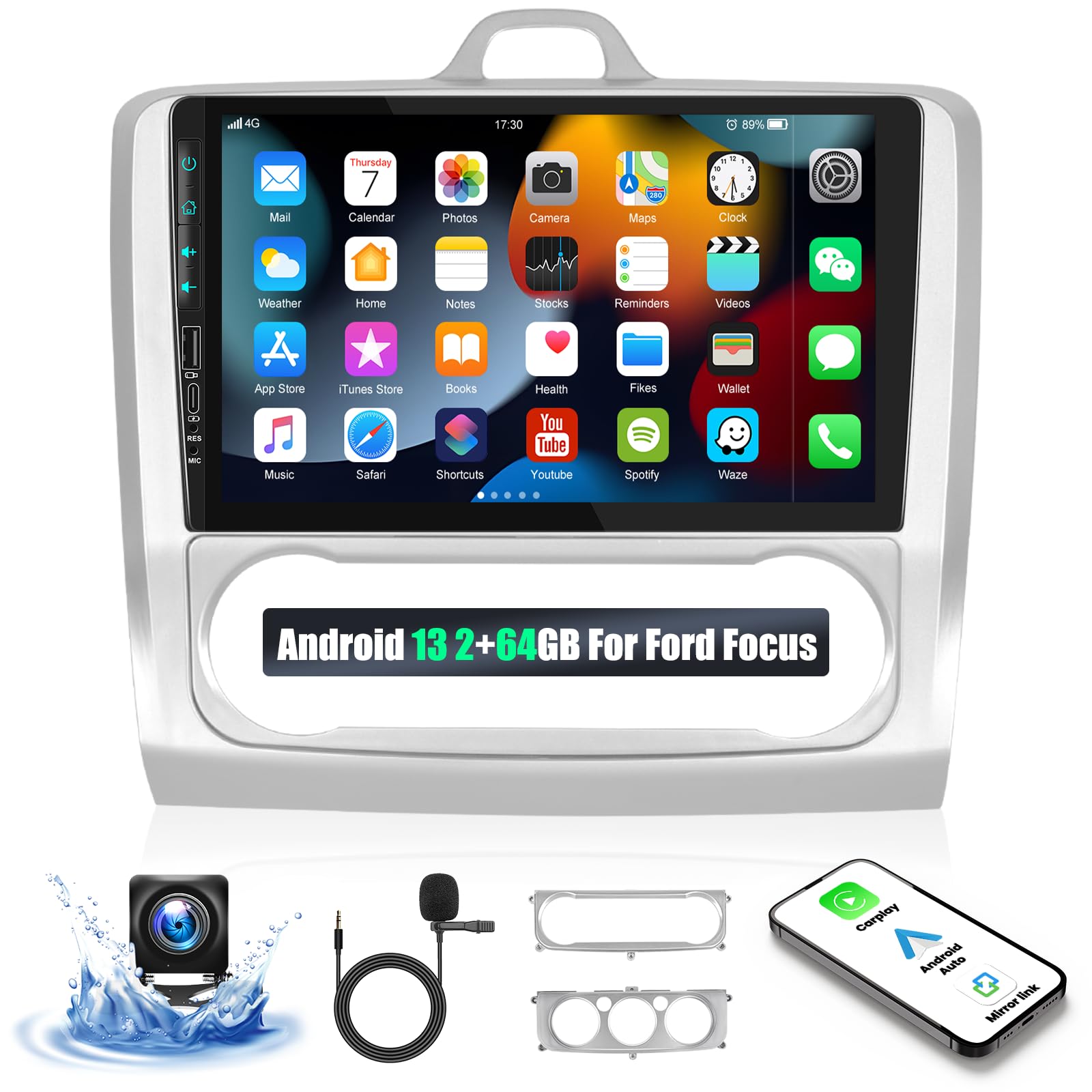 Android 12 Autoradio voor Ford Focus Exi AT 2004-2011, 4 32GB Bluetooth Auto Stereo GPS Navigatie met 9 Inch QLED Touchscreen Ondersteuning Carplay Weer Stuurbediening DSP RDS USB