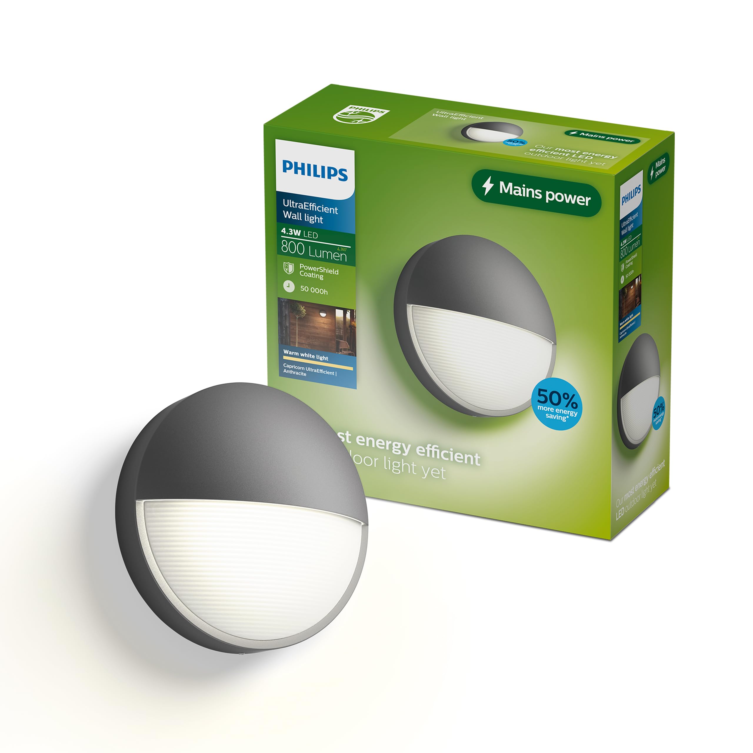 Philips Capricorn Outdoor Wall Light, 800 lm, 2700 K, PowerShield, IP44 Weather-Resistant, Durable, Aluminum, Modern Design, Built-in LED, Anthracite Gray