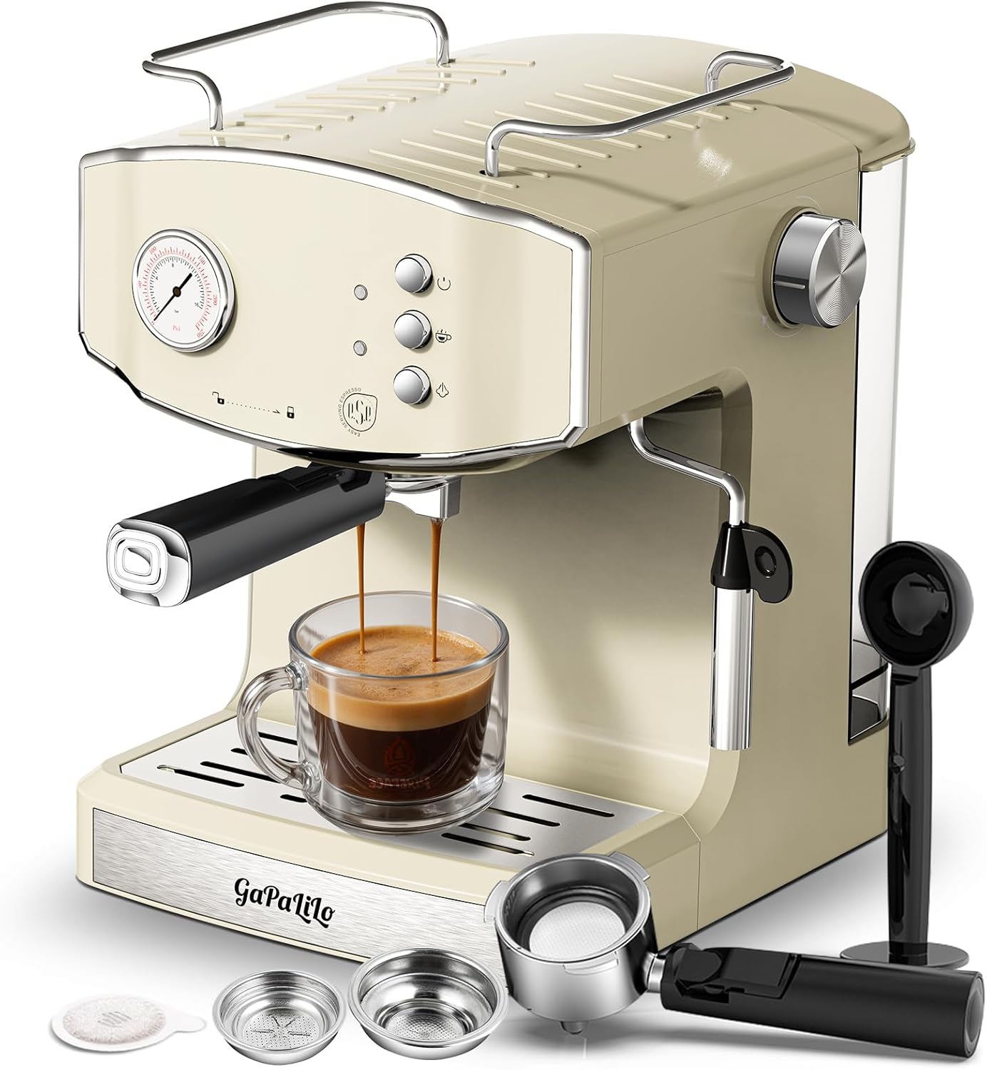 Retro-Style 20 Bar Espresso Machine with Milk Frother, ESE Pod Compatible Coffee Maker with Pressure Gauge, 54 oz PP Removable Water Tank for Home Barista (Beige)