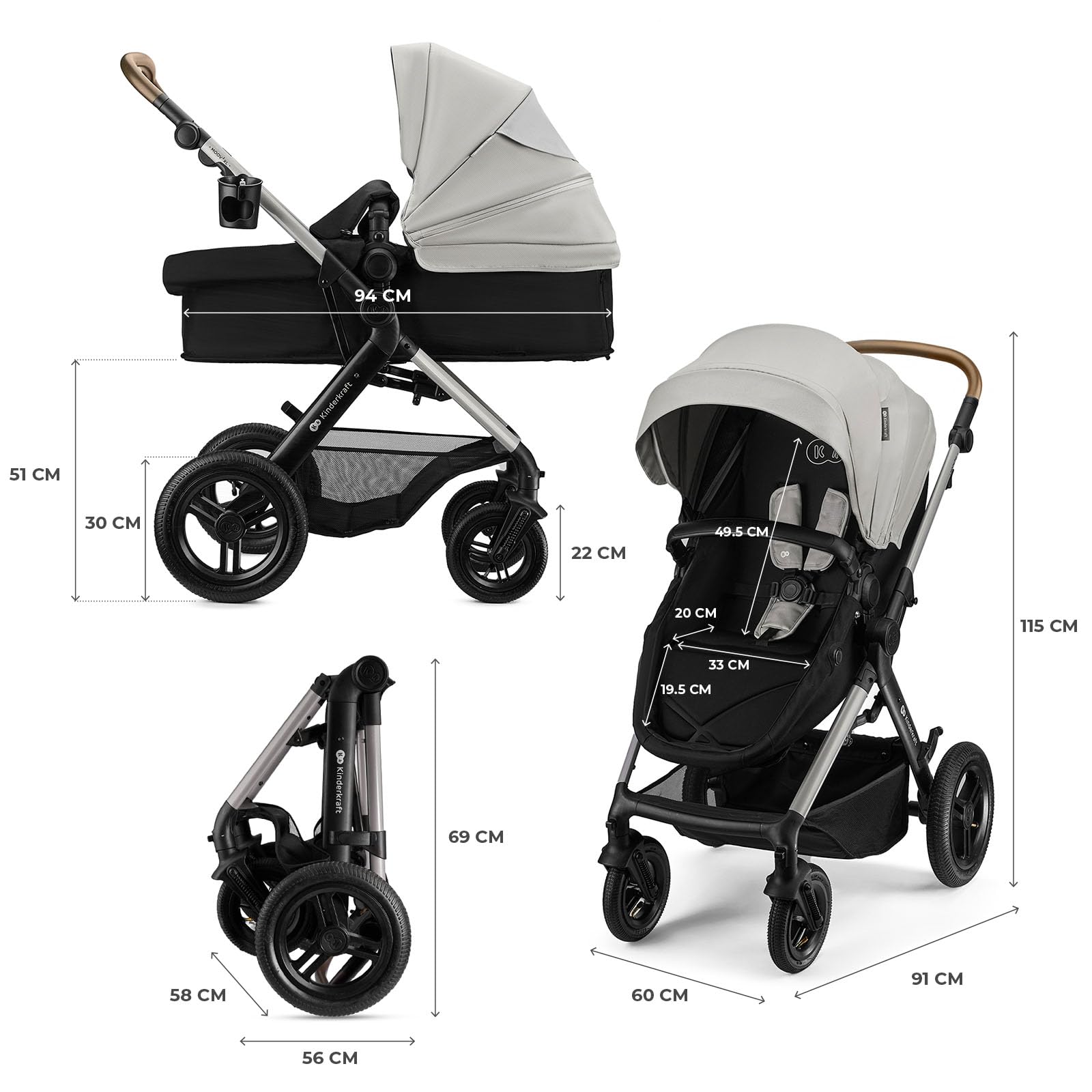 Kinderkraft MOOV XL 3 in 1, Passeggino fino a 27 kg, Carrozzina, Con Seduta I-SIZE 40-75 cm, Pieghevole, Ammortizzatore, Convertibile, Navicella XL, Con Accessori, Grigio Chiaro
