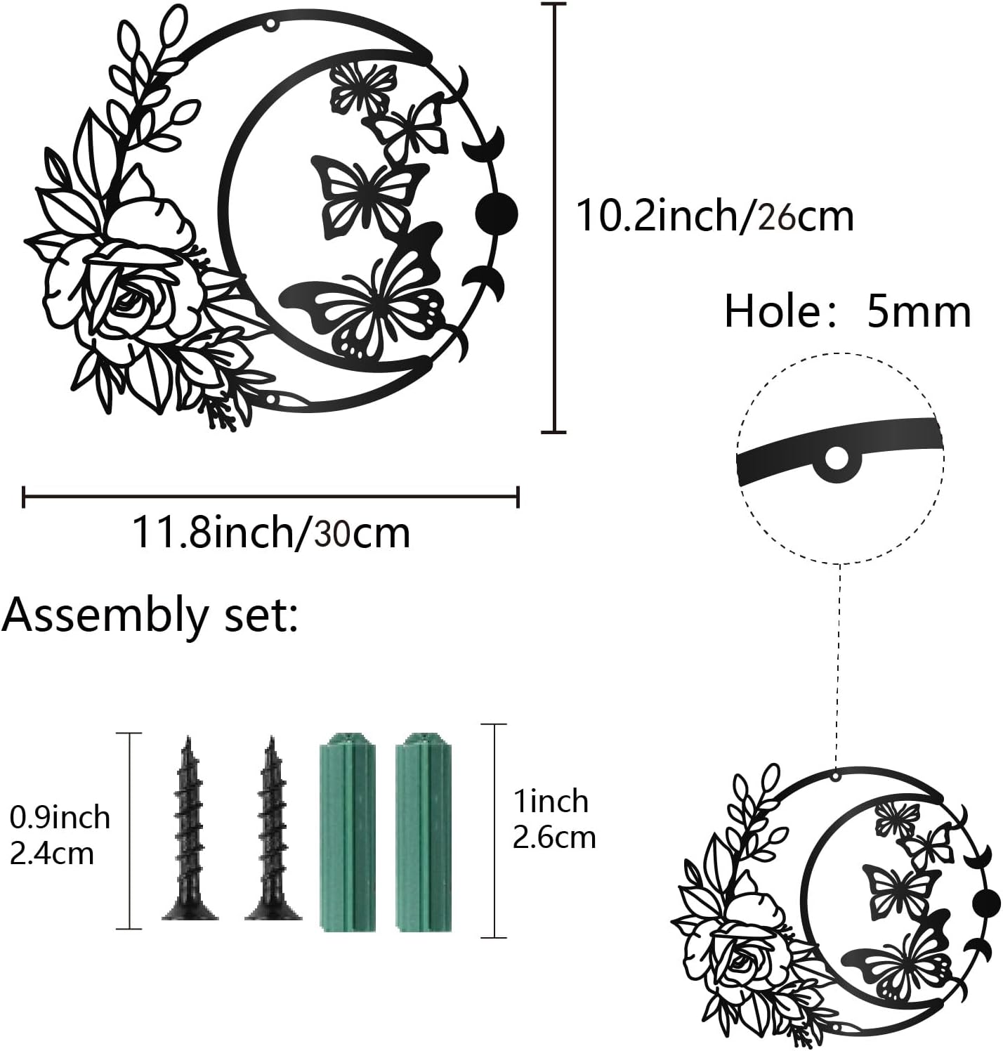 CREATCABIN Moon Rose Metal Wall Art Decor Black Butterfly Wall Hanging Decor Art Hanging Silhouette Ornament for Modern Farmhouse Rustic Home Office Garden Hotel Decoration 11.8x10.2Inch