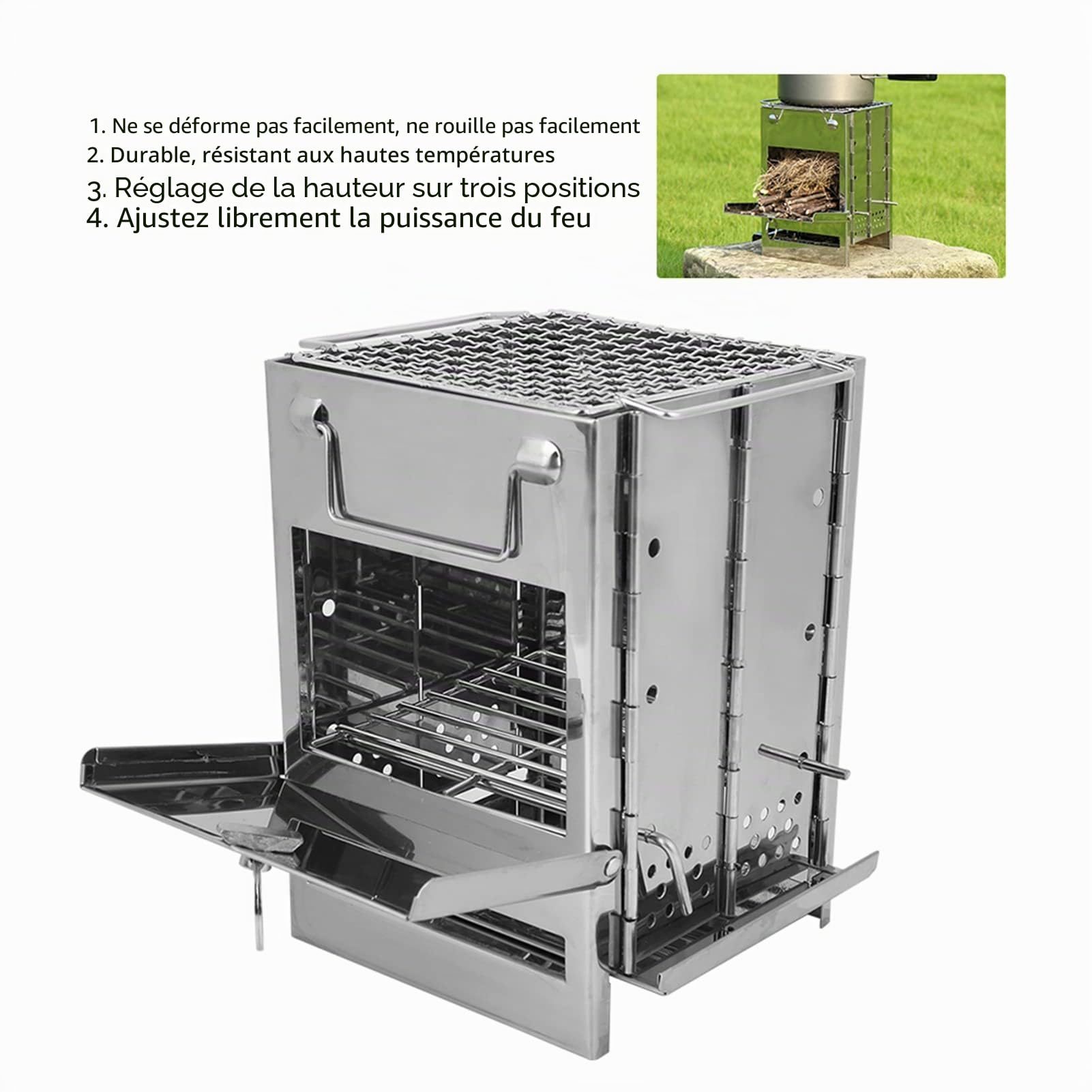 Réchaud de camping à bois, réchaud de randonnée portable avec gril en acier inoxydable pliable pour le camping en plein air, la cuisine, le pique-nique et le barbecue