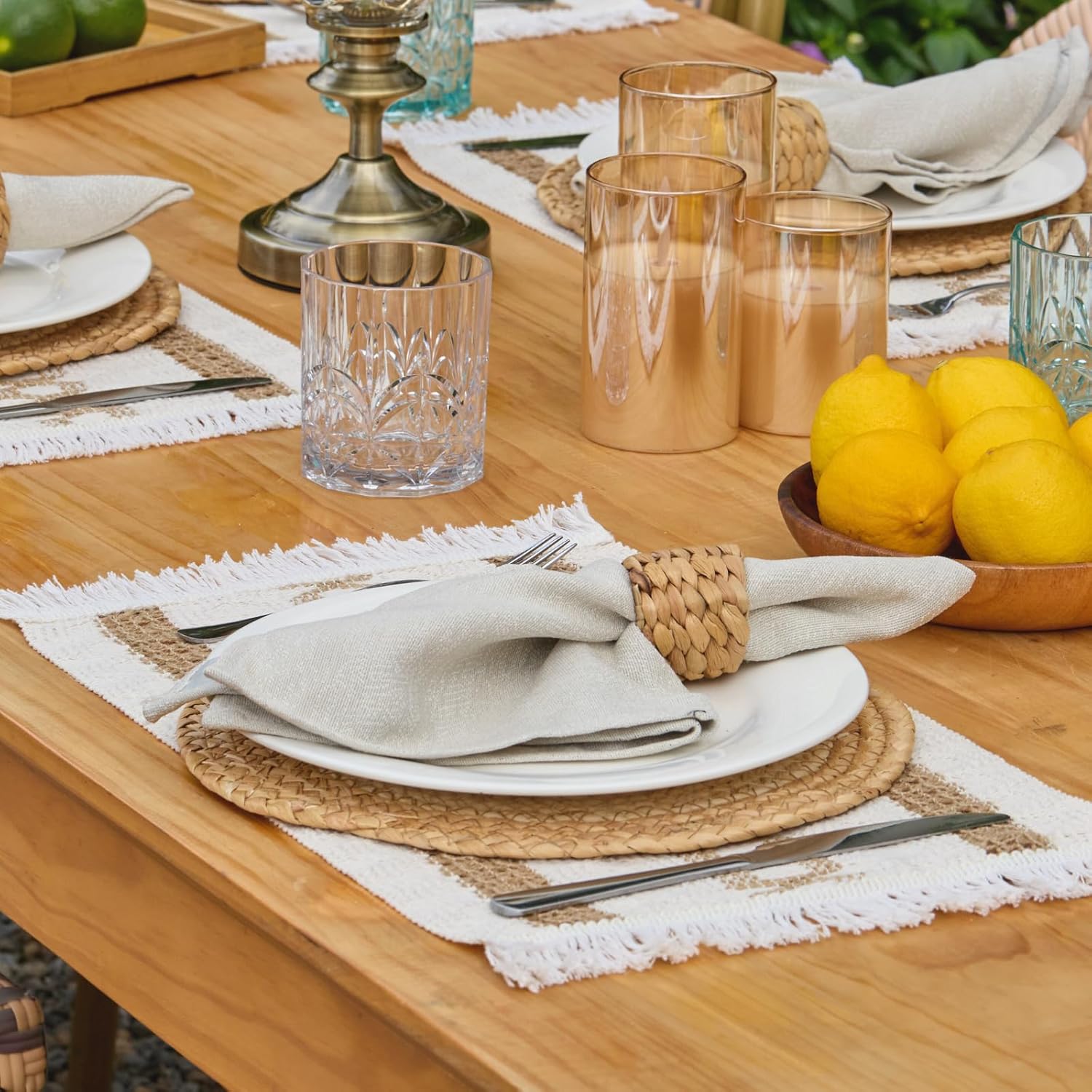 YANGQIHOME Boho Placemats Set of 8, Farmhouse Rustic Woven Placemats for Dining Table Decor, Handmade Braided Place Mats in Natural Cotton Jute and Water Straw for Kitchen Table