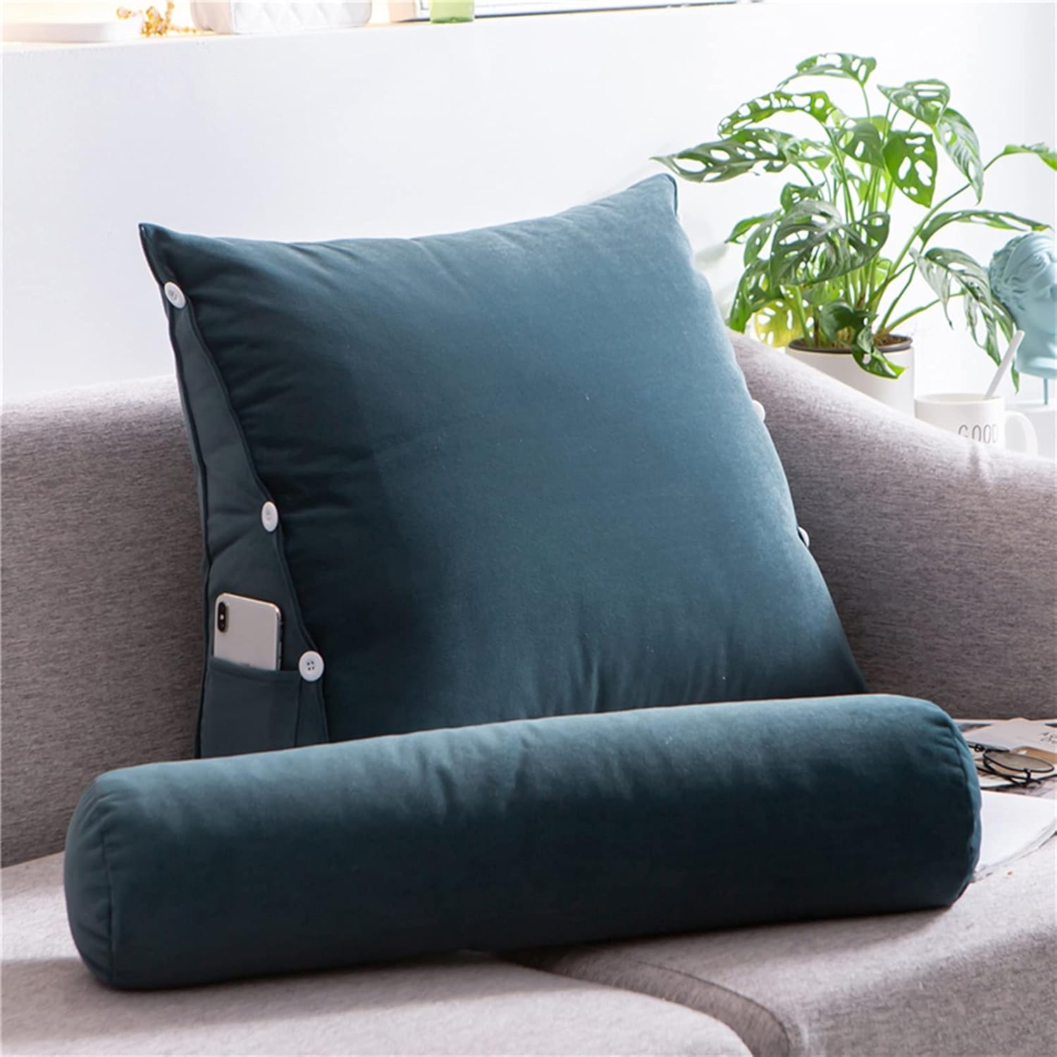 Wedge Reading Backrests Pad, Reading and TV Pillow, Back Wedge Cushion Pillow with Adjustable Neck Pillow and Pockets, Home Bedrest Reading Pillow, Back Support Pillow