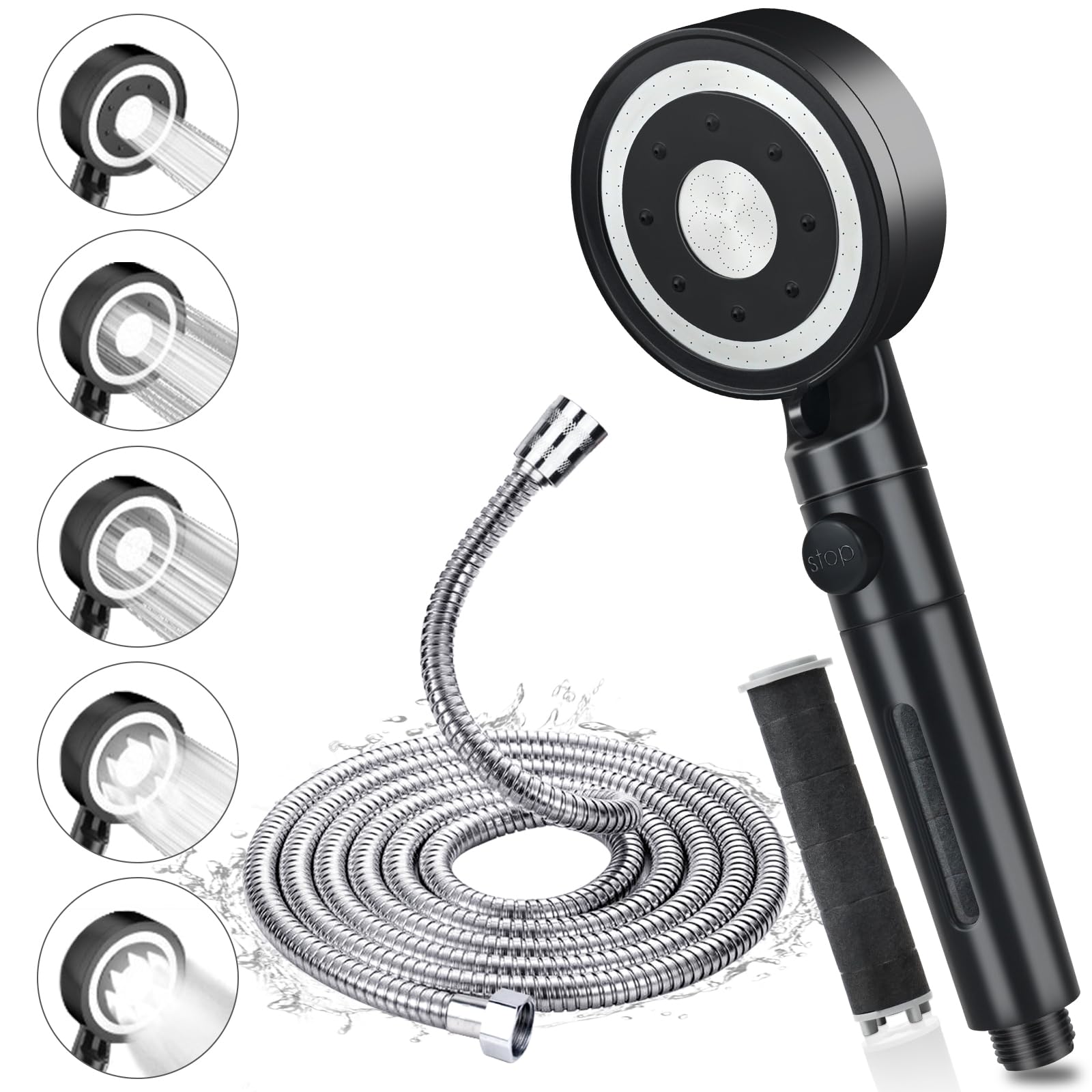 ShowerBlack - Set di soffione doccia portatile ad alta pressione, soffione doccia a flusso elevato, universale, con tubo da 1,5 m, staffa per doccia