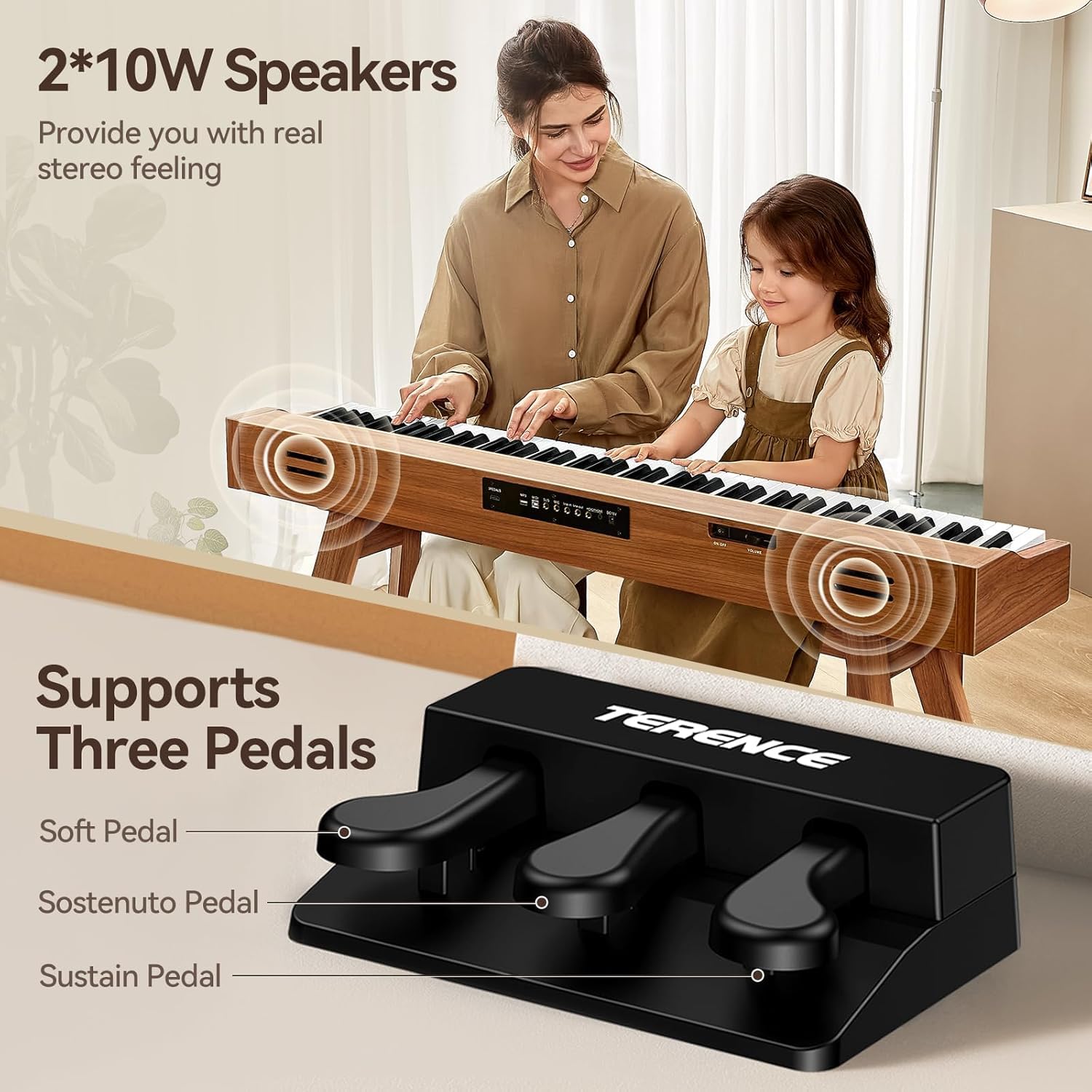 E Piano 88 Tasten Hammermechanik : TERENCE Keyboard Piano 88 Tasten mit Ständer Klavier mit 20W Lautsprecher Dreifachpedal Unterstützung Videoaufnahmen MIDI Bluetooth Kopfhöreranschluss Eichenfarbe