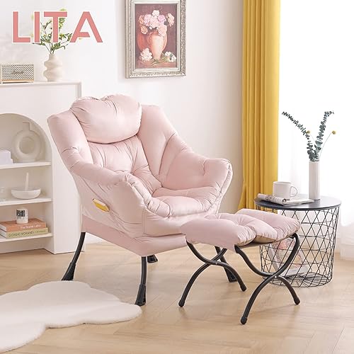 Miniatura 32 de Lita Silla relajada con otomana, tapizado ornamental, moderno de ocio, contemporáneo para lectura con reposabrazos, un bolsillo lateral para sala de