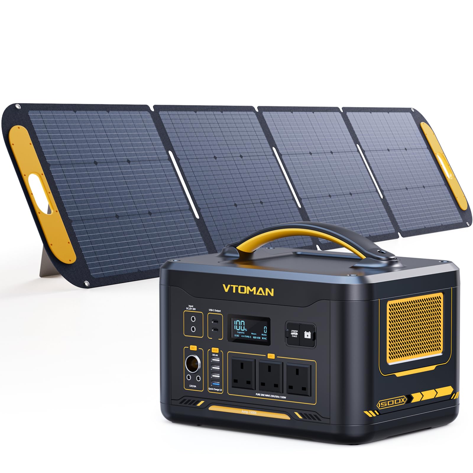 VTOMAN 1500W Portable Power Station with 200W Solar Panel - 828Wh LiFePO4 Battery Solar Generator with 1500W Constant-Power, PD 100W Type-C, Capacity Expandable to 2376Wh for Camping, Off-grid, Backup