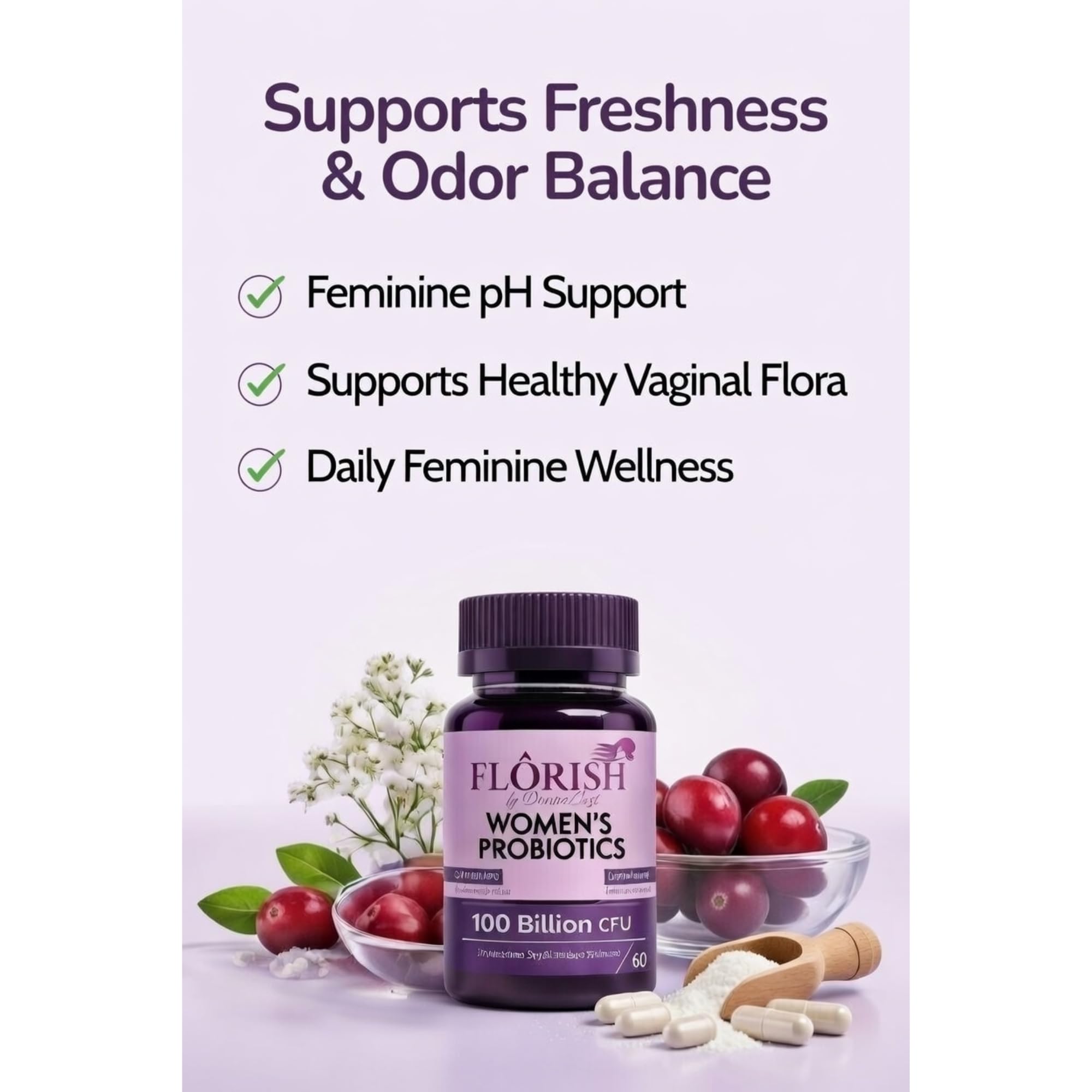 Feminine Probiotics for Women–Vaginal Odor Flora Control & pH Balance, 100 Billion CFU, 32 Strains, Organic Cranberry Extract + D-Mannose Prebiotic for Healthy Gut UTI PMS Yeast Support. 60 Vegan Caps