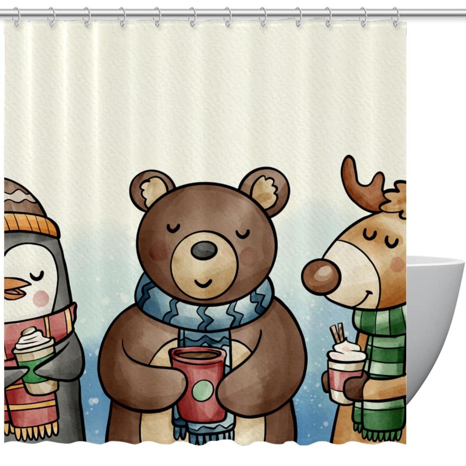 Rideau de douche animaux d'hiver imperméable 60 x 72 cm pour rideau de baignoire anti-vapeur