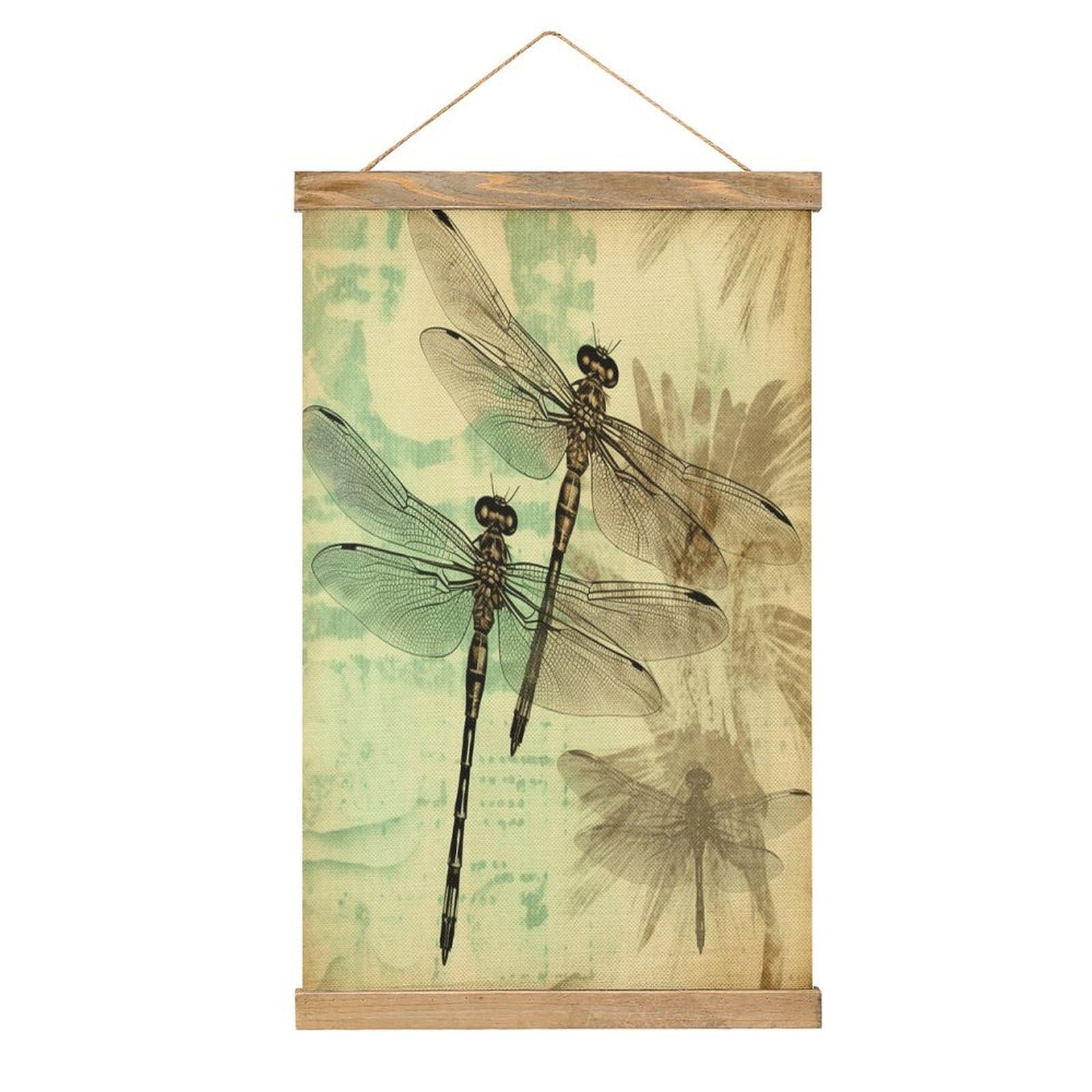 VstaDank Dragonfly Dragonflies Vintage Hanging Poster with Wooden Frame Modern Linen Hanging Painting Retro Style Wall Decor Art Painting for Living Room,Bedroom Decor Poster Frame 20.4x13.1inch
