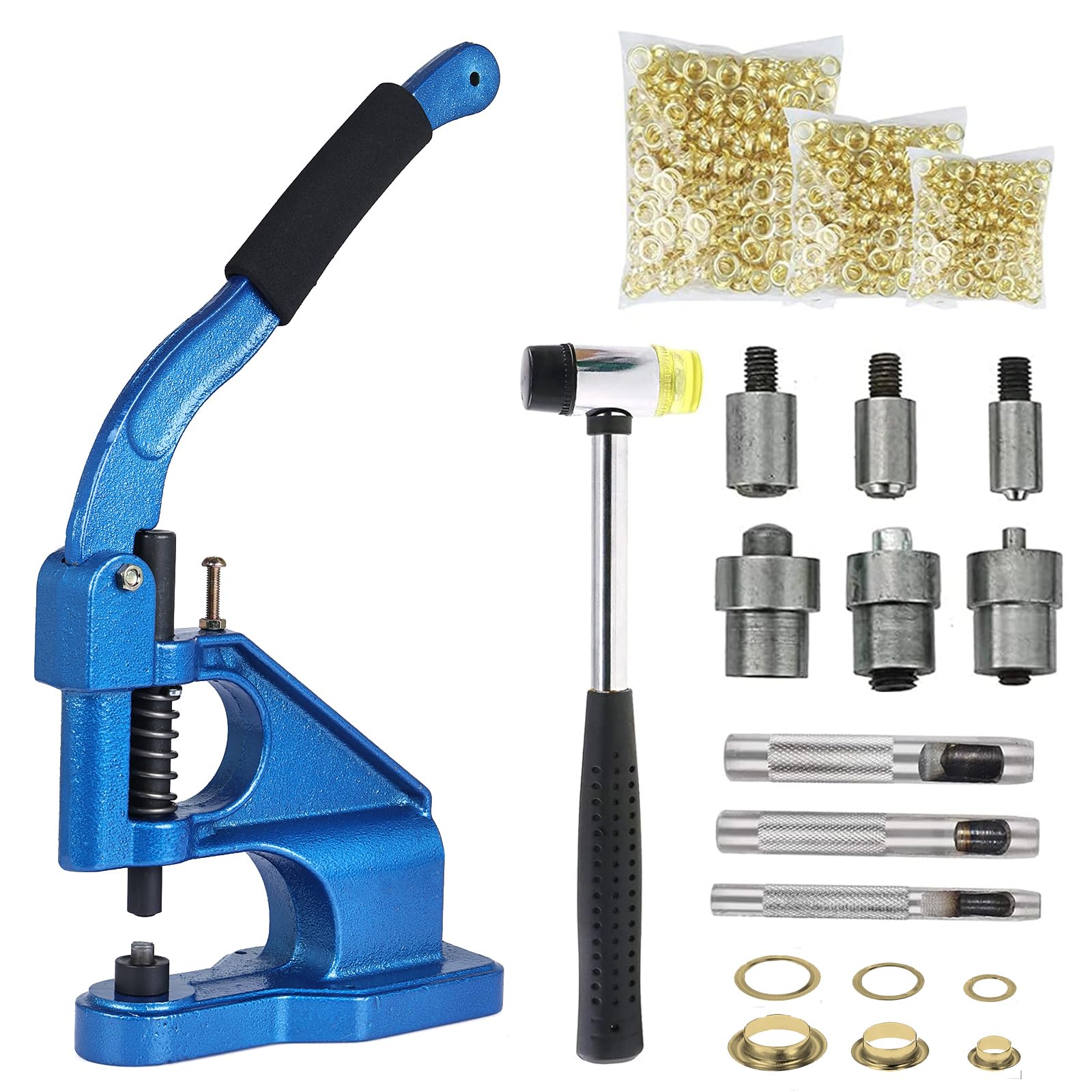 FreeTec Prensa manual con ojales, 6/10/12 mm, juego de prensador de ojales con 3 matrices, 1500 ojales dorados, juego y martillo para lonas, ropa, cinturón de cuero