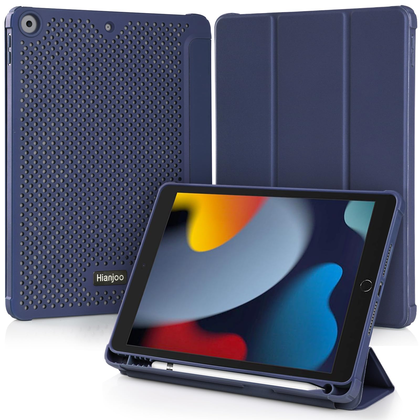 Hianjoo Case Compatible with iPad 9th/8th/7th Generation (2021/2020/2019 Model, 10.2 inch), Smart Magnetic Stand Leather Cover Silicone Back Shell with Auto Wake Sleep, Pencil Holder (Dark Blue)