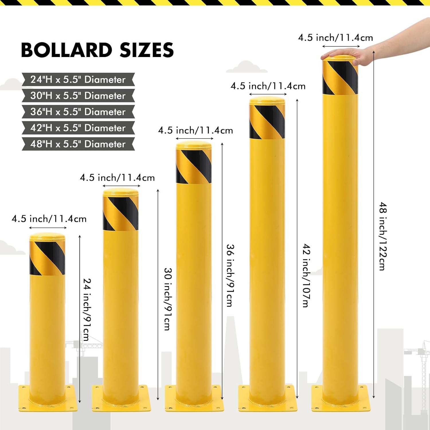4 Pack 48" Removable Safety Bollards, Surface Mount Steel Parking Barriers w/High-Vis Yellow PVC Stripes, Forklift Protection Posts for Indoor/Outdoor Traffic Control