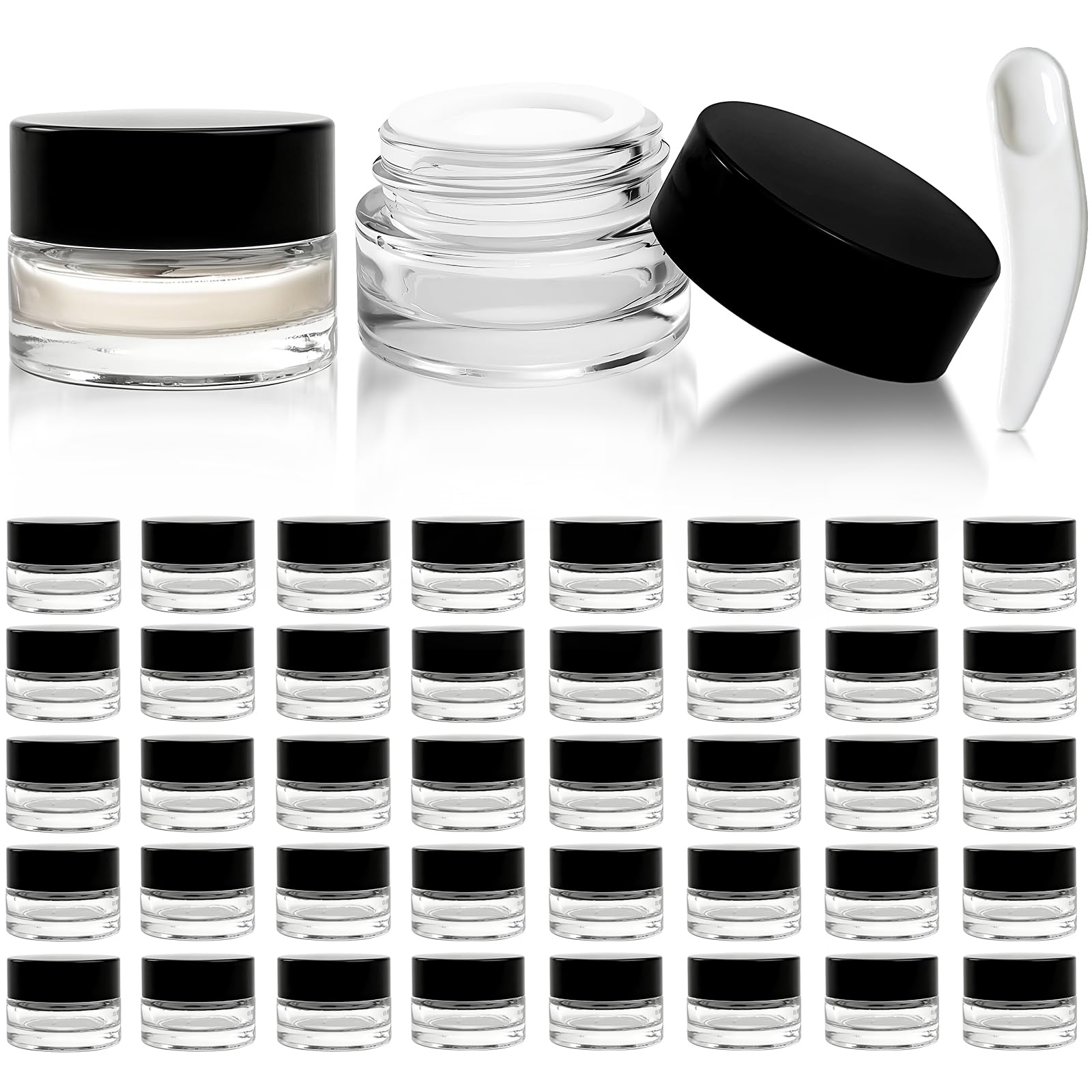 90 Stück 5 ml kleine transparente Gläser mit schwarzem Deckel und Löffeln, leere Glas-Kosmetikbehälter, Großpackung mit Einsatz, luftdichte Cremeflasche für Beauty-Produktproben, Reisen