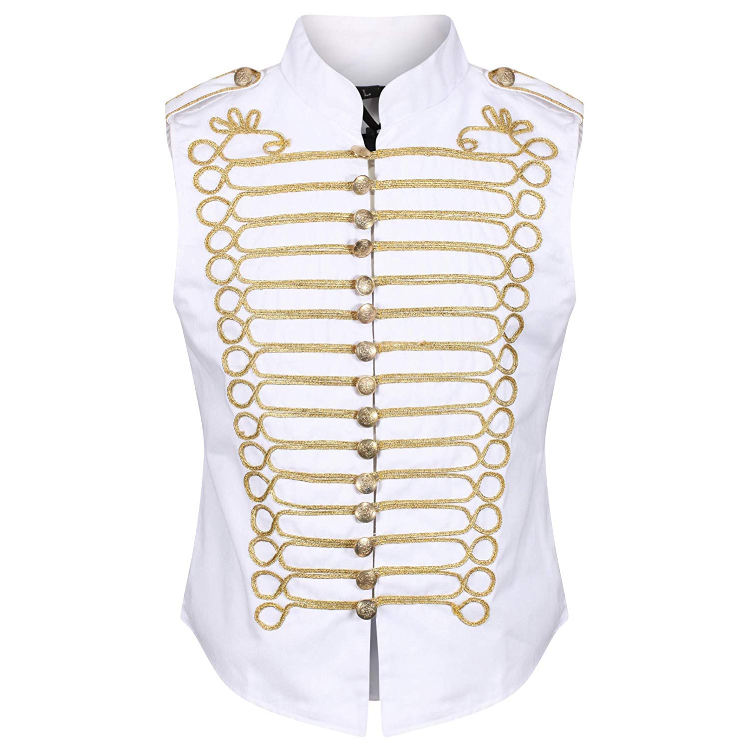 Ro Rox Men's White & Gold White Gold Steampunk Gothic Military Sleeveless Parade Jacket - (Xxxl)