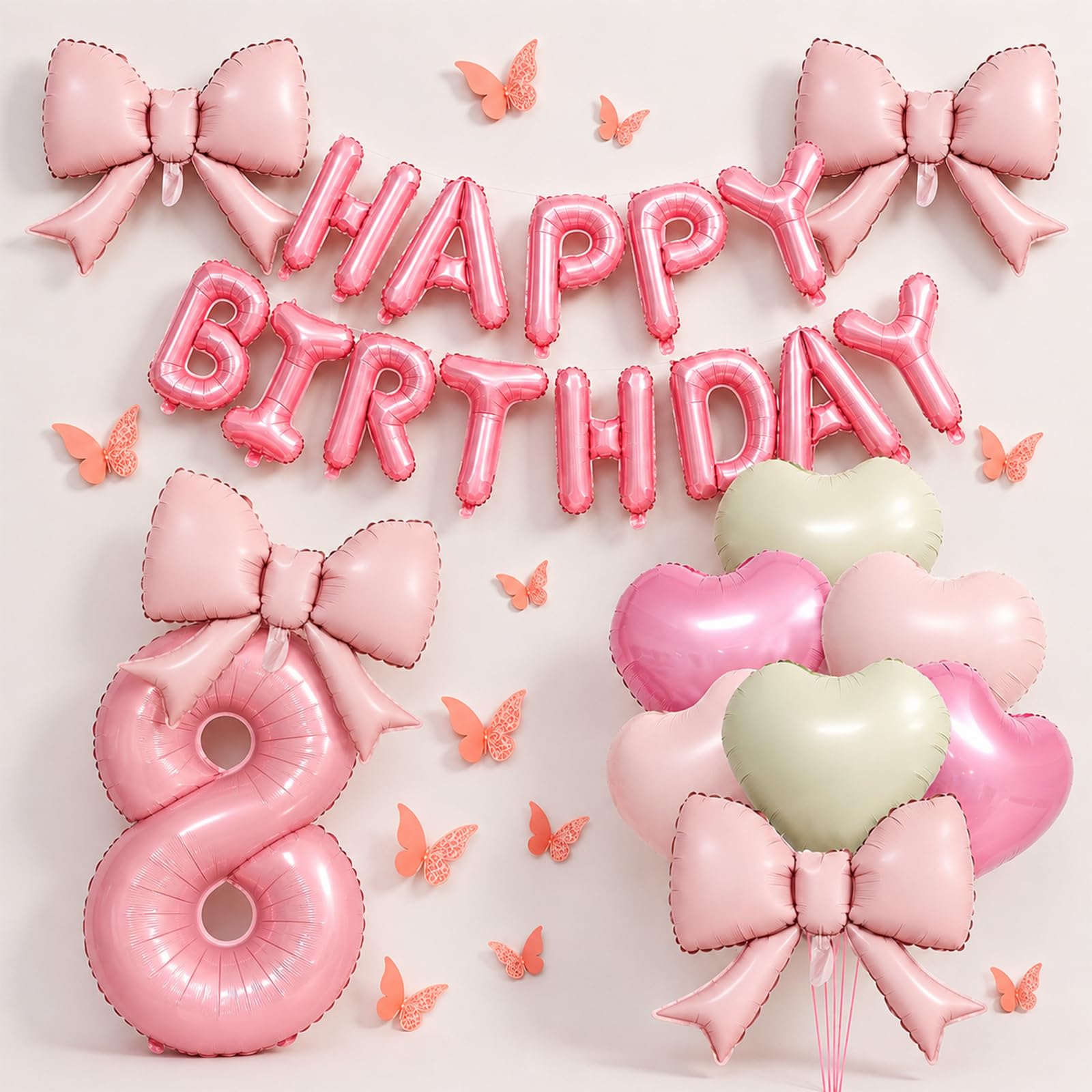 Pink 8th Birthday Decorations for Girls - Pink Balloon Set with Large Foil Number 8 & Bow Heart Foil Balloons, 3D Butterfly Stickers, Happy Birthday Letter Balloons Banner, Pink Bow Party Supplies — image 1