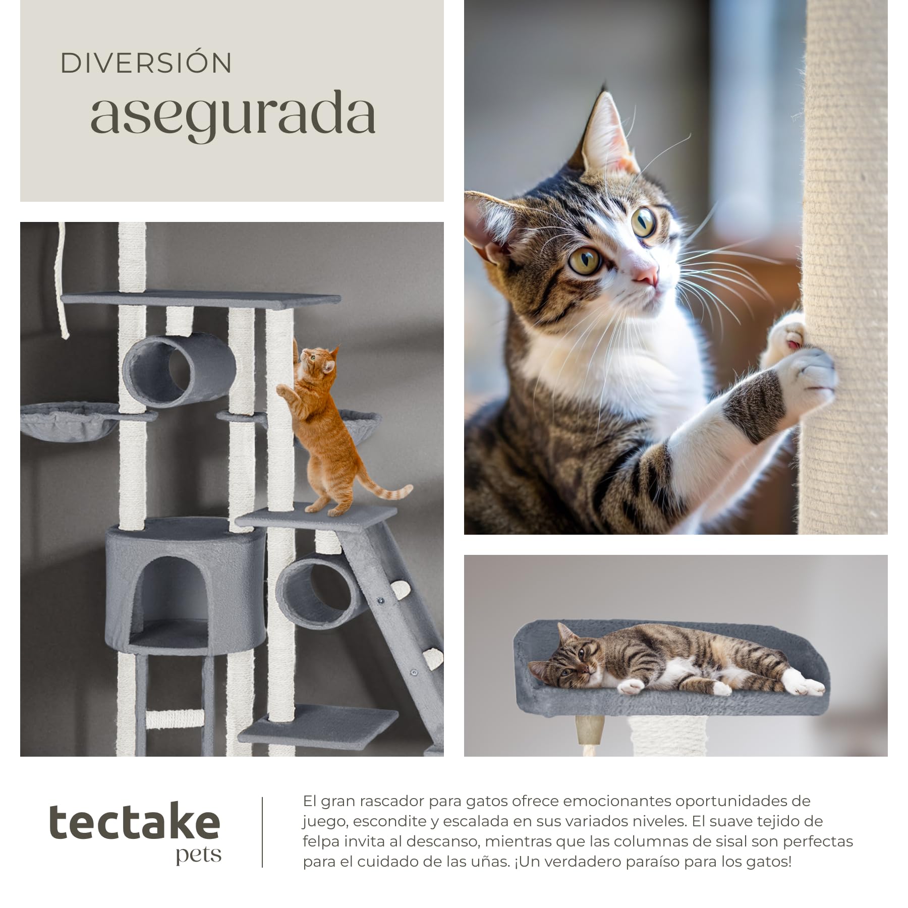 tectake® árbol rascador para gatos, con casita, 2 nidos giratorios, plataforma, hamaca, sistema antivuelco, ratón de juguete, cama para gatos, rascador gato, postes de sisal - 261 cm alto Gris