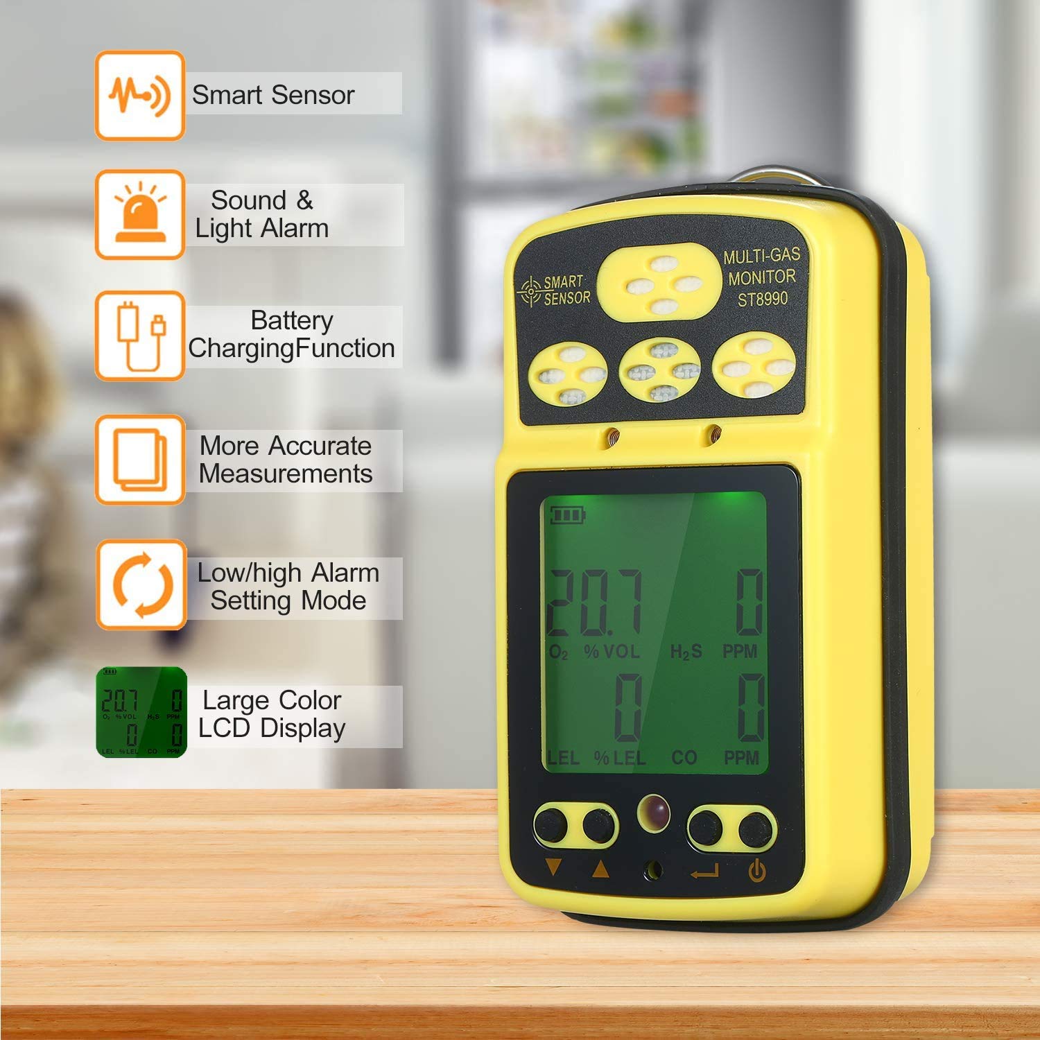 Moniteur Multi-gaz numérique Écran LCD Portable Batterie Rechargeable rétro-éclairée Alarme sonore 4 en 1 Compteur de gaz Détecteur Testeur Analyseur Commodité