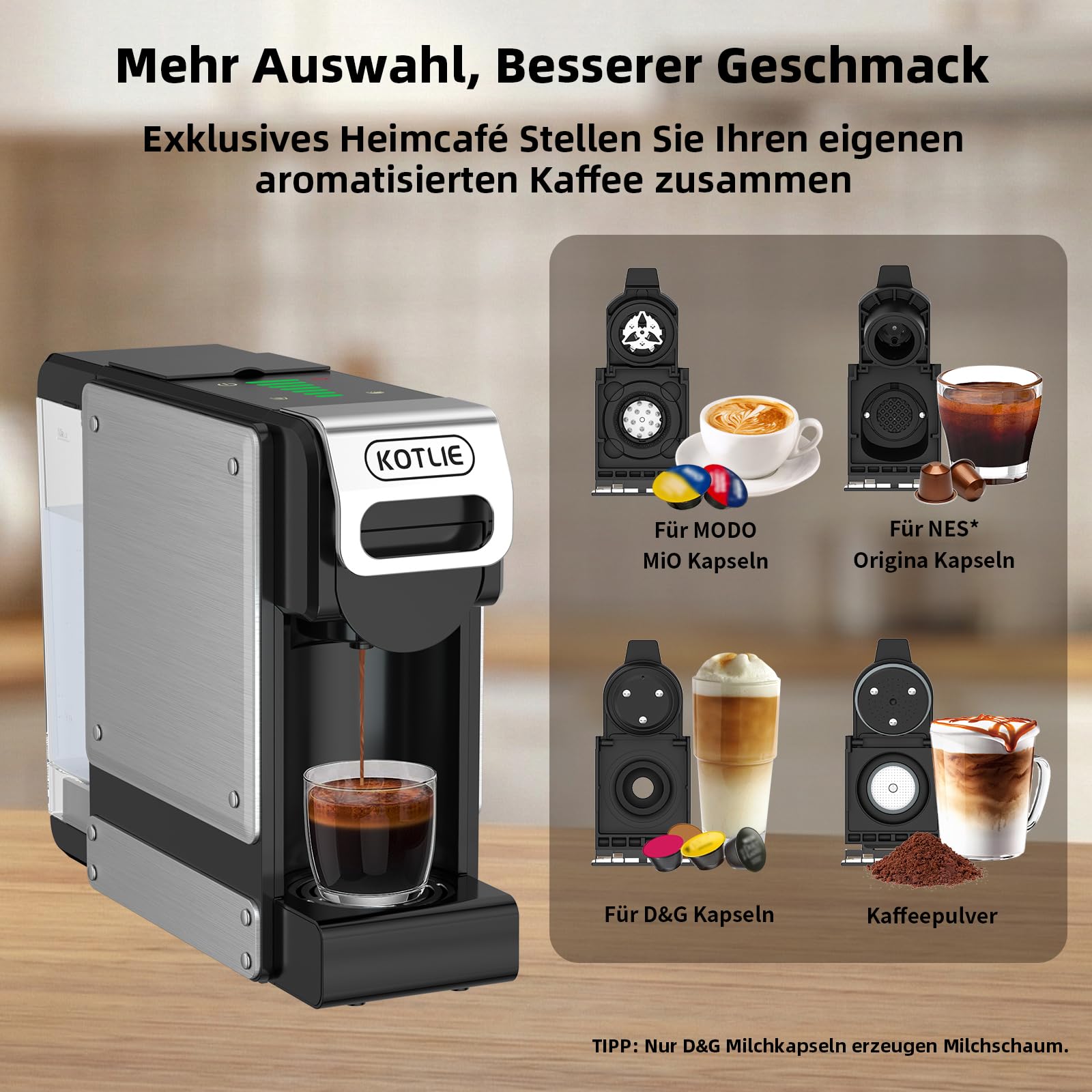 KOTLIE ST-550 Kapsel Kaffeemaschine, 4 in 1 Kapsel Kaffeemaschine für Nes Original/D*G/A MODO MIO und gemahlenen Kaffee, 7-stufige Wassermenge
