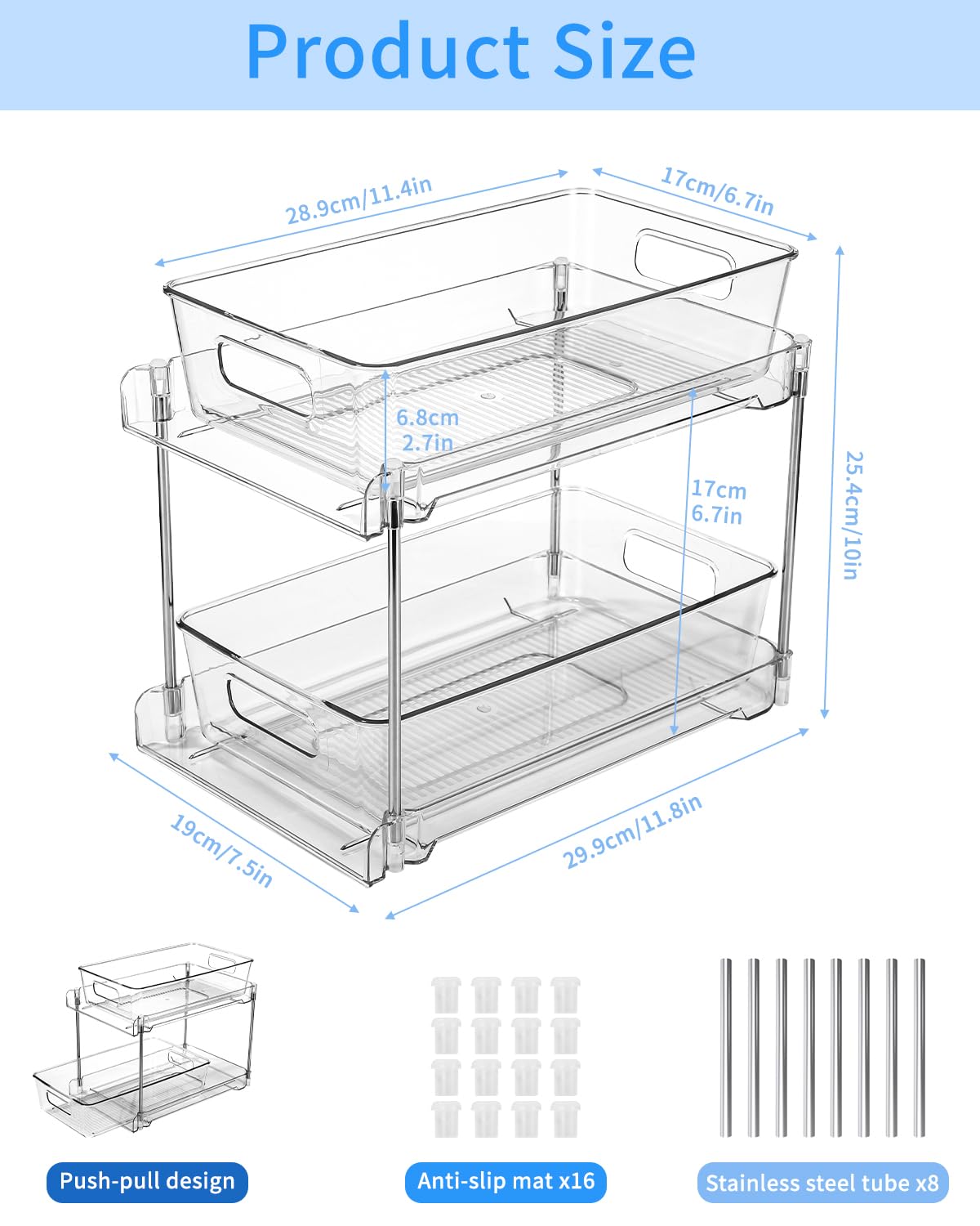 Organisateurs sous Évier 2 Niveaux, Lot de 2 Coulissant, Rangement et Organisation Polyvalente de Cuisine, Transparent