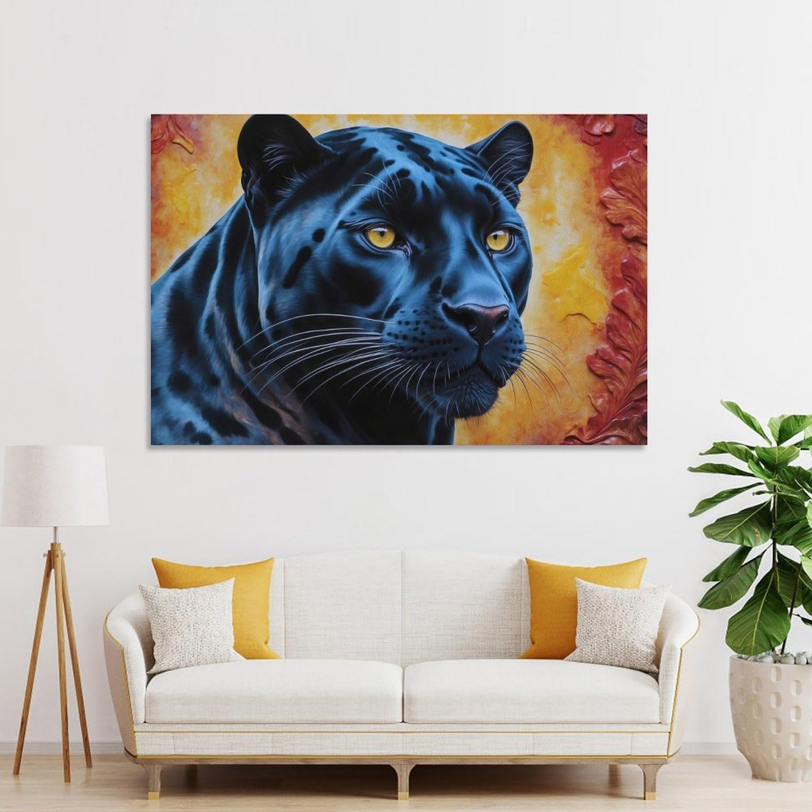 Junmoney Black Panther Portrait with Floral Background Canvas Wall Decor 20x30inch(50x75cm), for Workspace Walls, Study Corners Or Bedrooms, Decorative Artwork for Productive Spaces