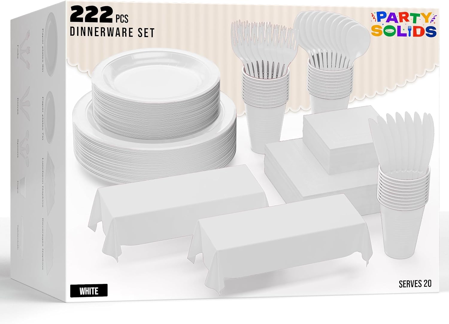 Party Solids 222 Pcs White Paper Plates and Napkins Sets, Disposable Plates For Party, Lunch & Cocktail Napkins Paper, 18oz Plastic Cups, Cutlery and White Table cloth Plastic Dinnerware Set