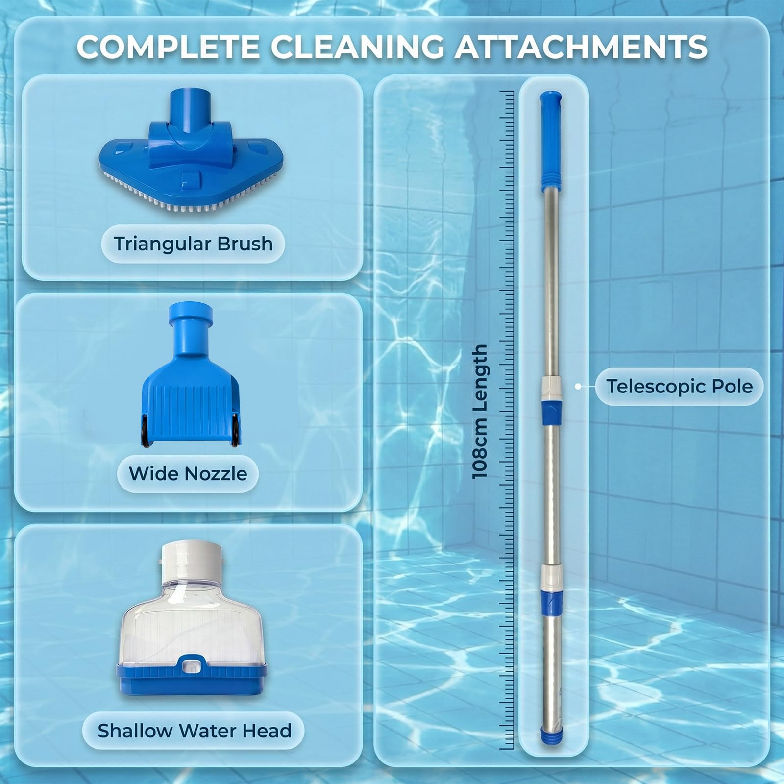 Aspirador de piscina inalámbrico 3 en 1 limpiador eléctrico con batería IPX8 kit con mango telescópico para spa y piscinas fuera del suelo
