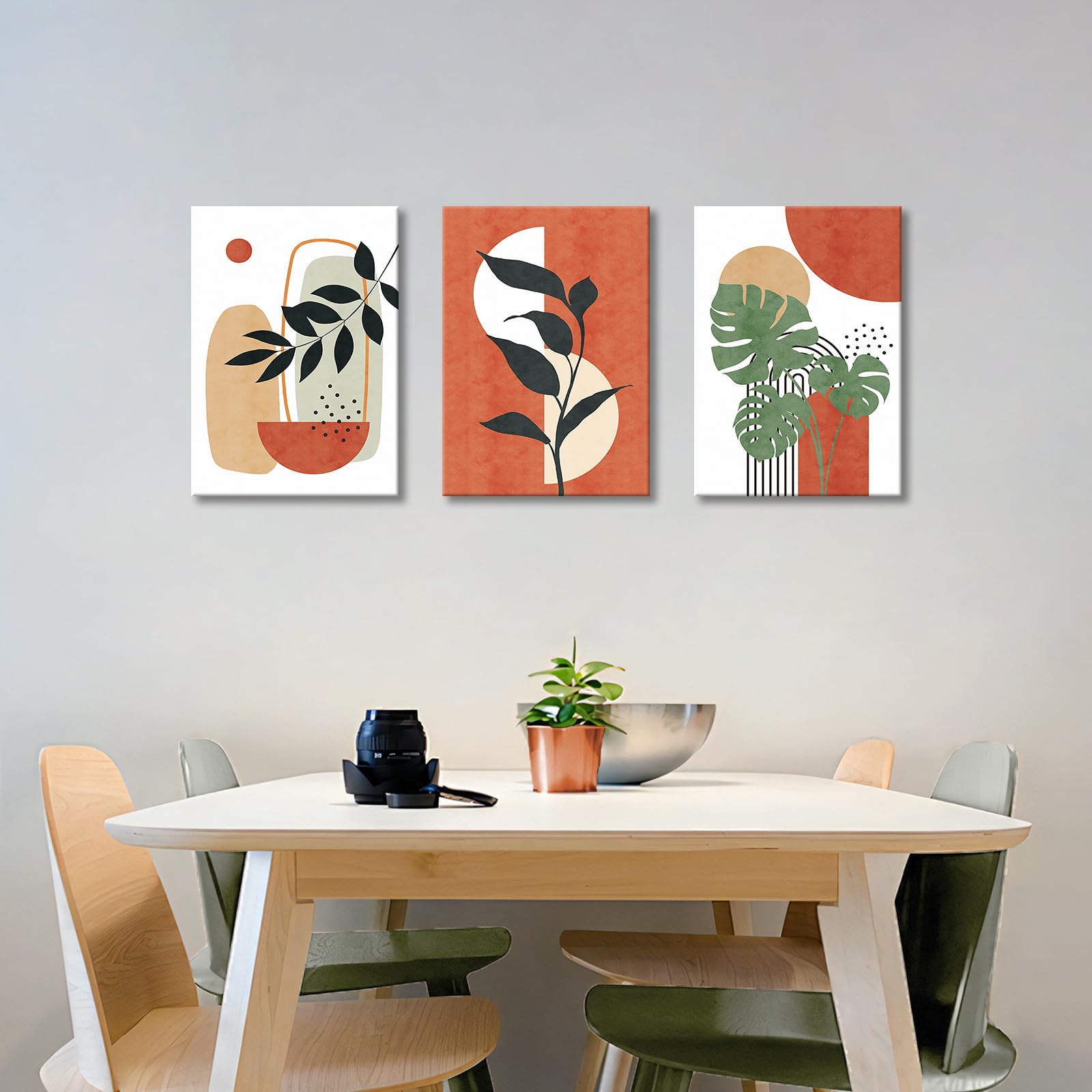 3Pcs Wooden Framed Boho Canvas Wall Art Orange Abstract Leaves And Sun Painting Canvas Prints Nordic Minimalist Geometric Picture for Living Room Bedroom Hallway Home Wall Decor 120x60cm(16"x24"x3pcs) - Image 2