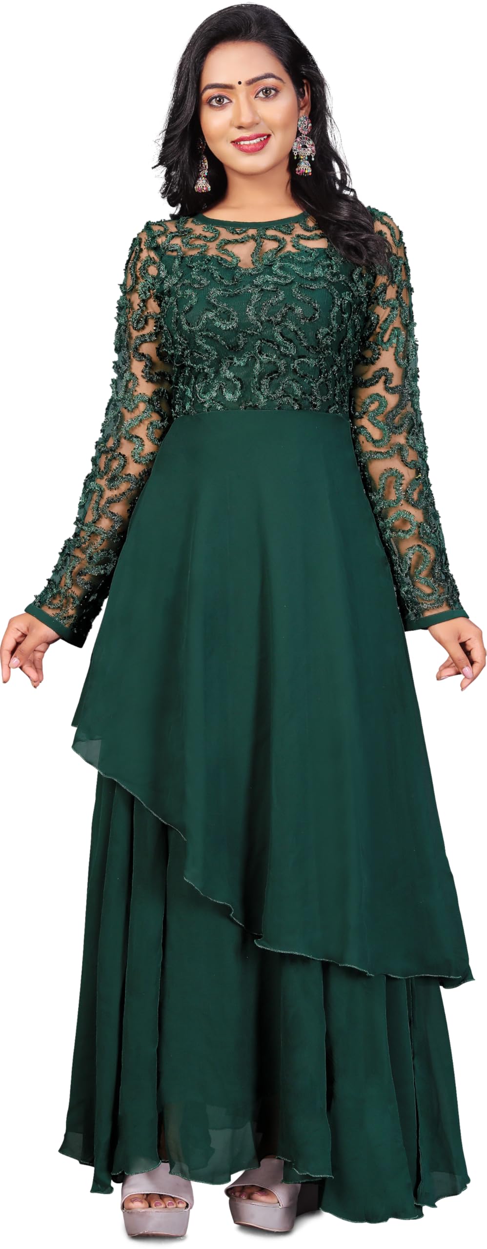 dream crushers Women's Georgette Solid Ankle Length 3/4 Sleeve Anarkali Gown Set with Floral Embroidered Gowen (Black)-picture-29