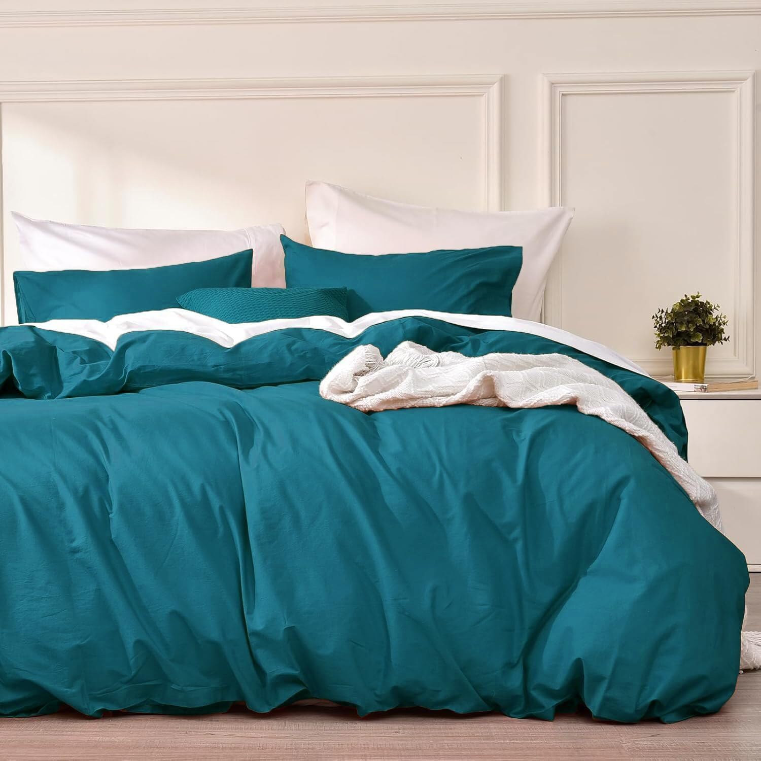 Luofanfei Housse de Couette Coton 240 x 260 Bleu Canard Pétrole Adulte Ado Uni 2 Personnes Parure de Lit Unie Coton Housse Couette 240x260 Linge de Lit avec Fermeture éclair et 65x65 Taies d'oreiller