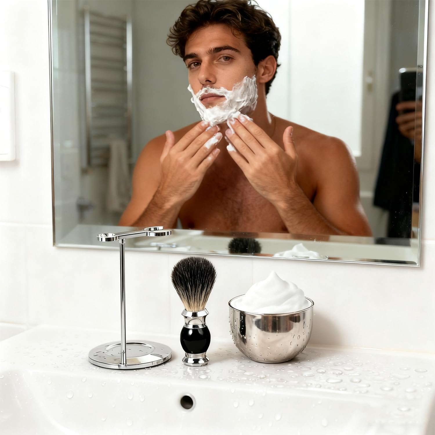 GRUTTI Ensemble de blaireaux de rasage 3 en 1 – Support pour rasoir de sécurité, porte-brosse, blaireau synthétique, bol de rasage en acier inoxydable – Ensemble de supports de rasage pour homme