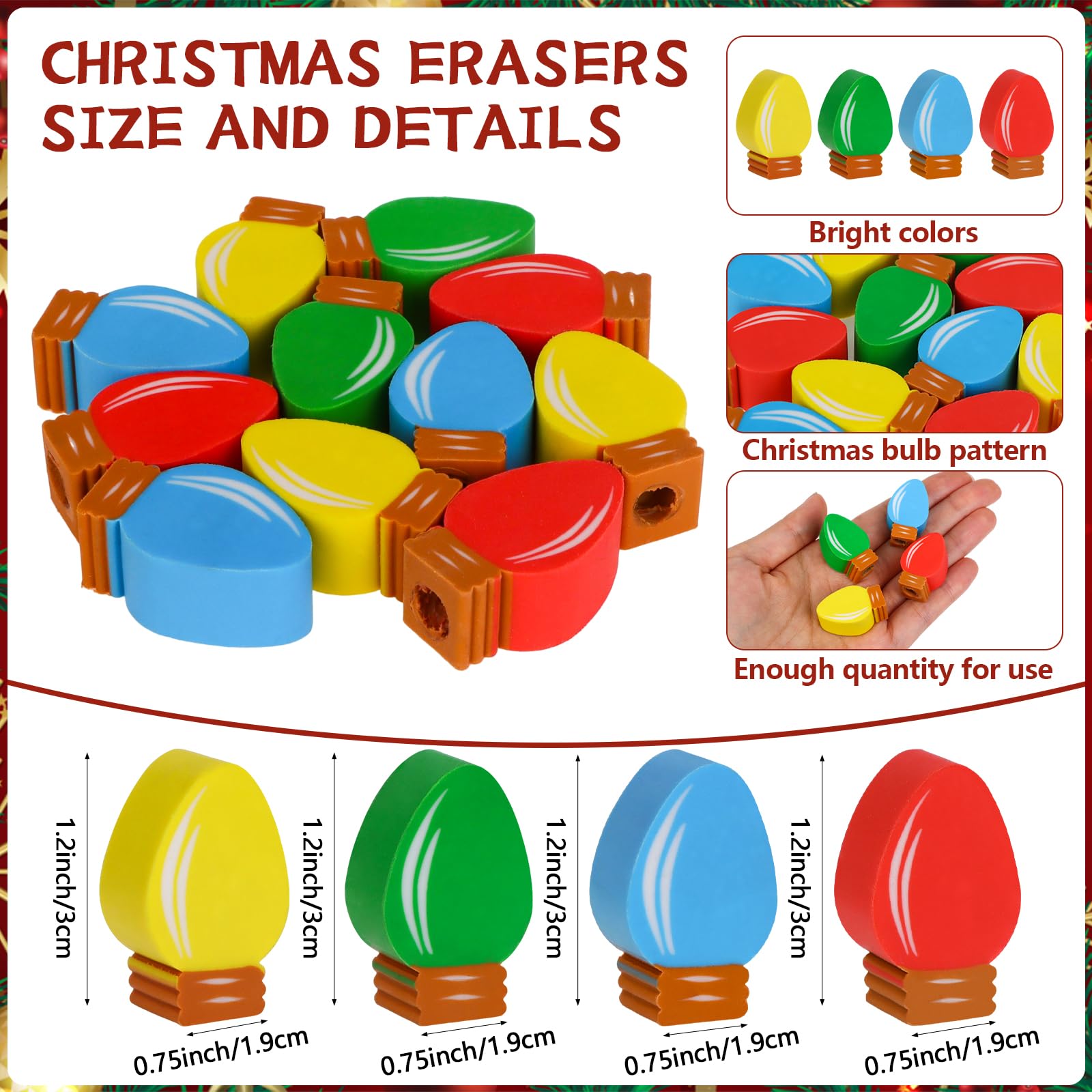 96 Sets Weihnachts-Bleistift-Radiergummis, Geschenke mit Glühbirne, Weihnachts-Bleistift-Radiergummi, Aufsätze, fröhliche helle Karten, Taschen, Mini-Glühbirnen-Radiergummis, mehrfarbig