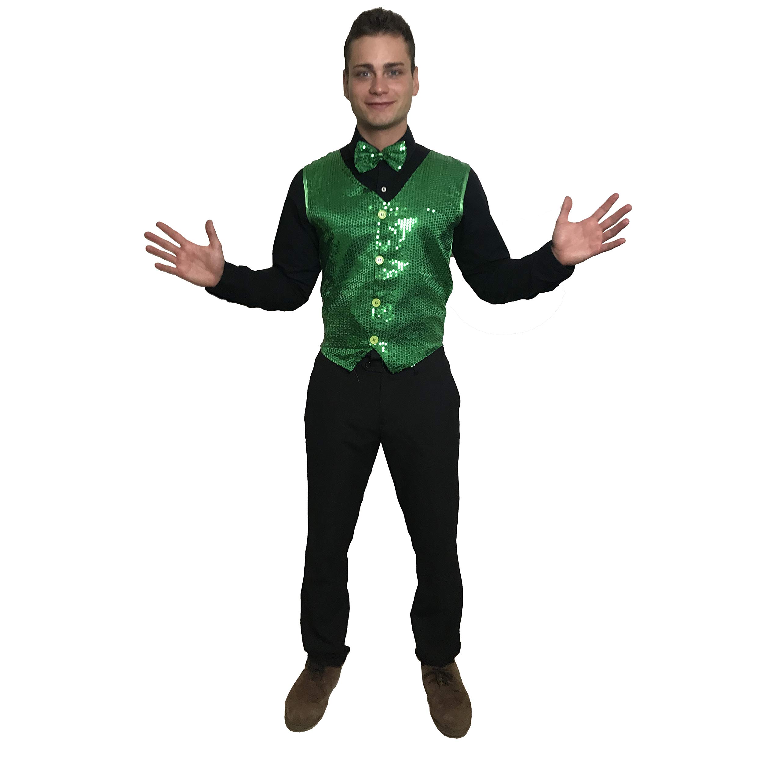 SoWest Men’s Gold Sequin Waistcoat & Bow Tie Set – Shiny Showbiz Fancy Dress Costume Vest for Party, Festival, Disco & Carnival Events | Adult Sparkly Dress-Up Outfit, Green - XXL