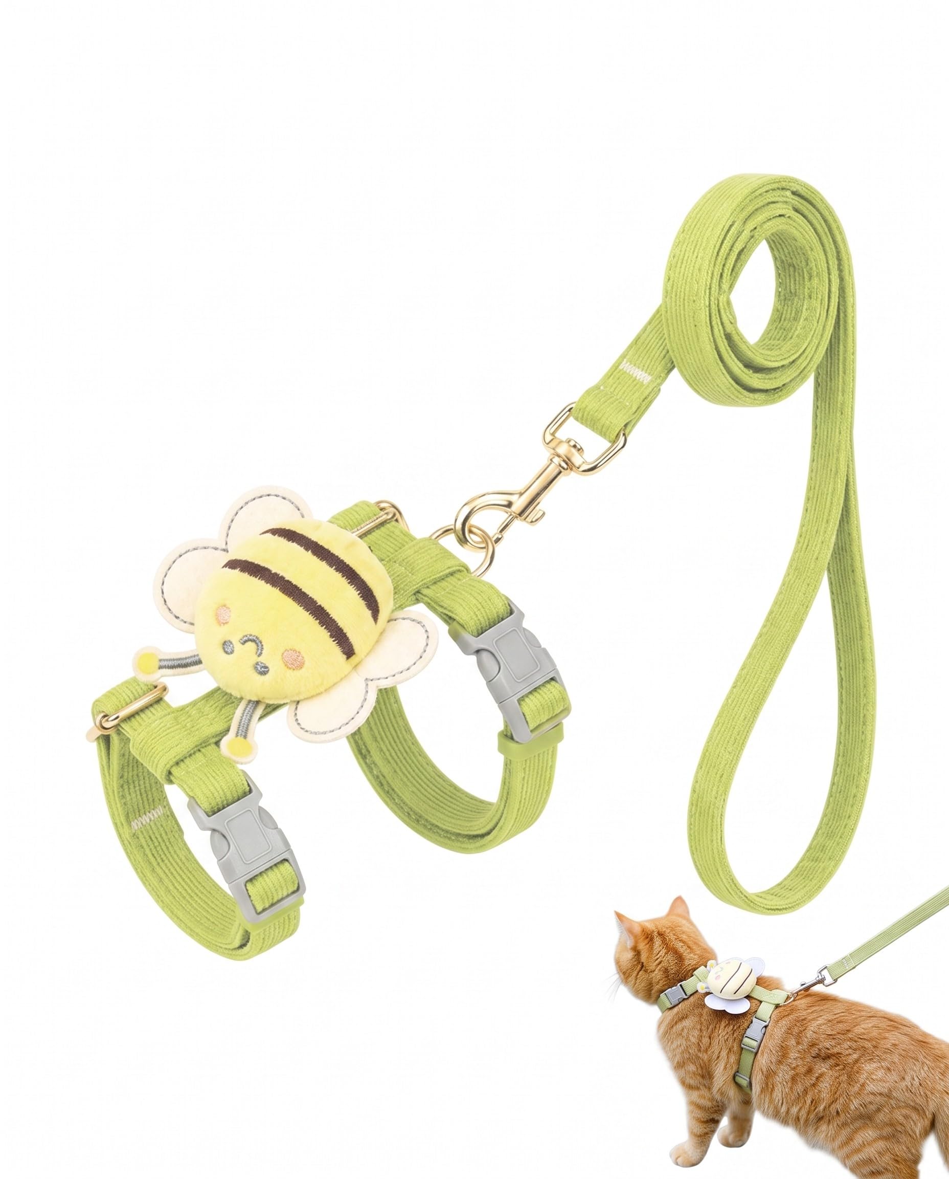 Arnés para Gatos Antiescape con Correa, Talla M, Verde, 1 Ud | Pechera Ajustable y Suave con Diseño de Abeja para Gatitos y Perros Pequeños, Ideal para Paseos Seguros