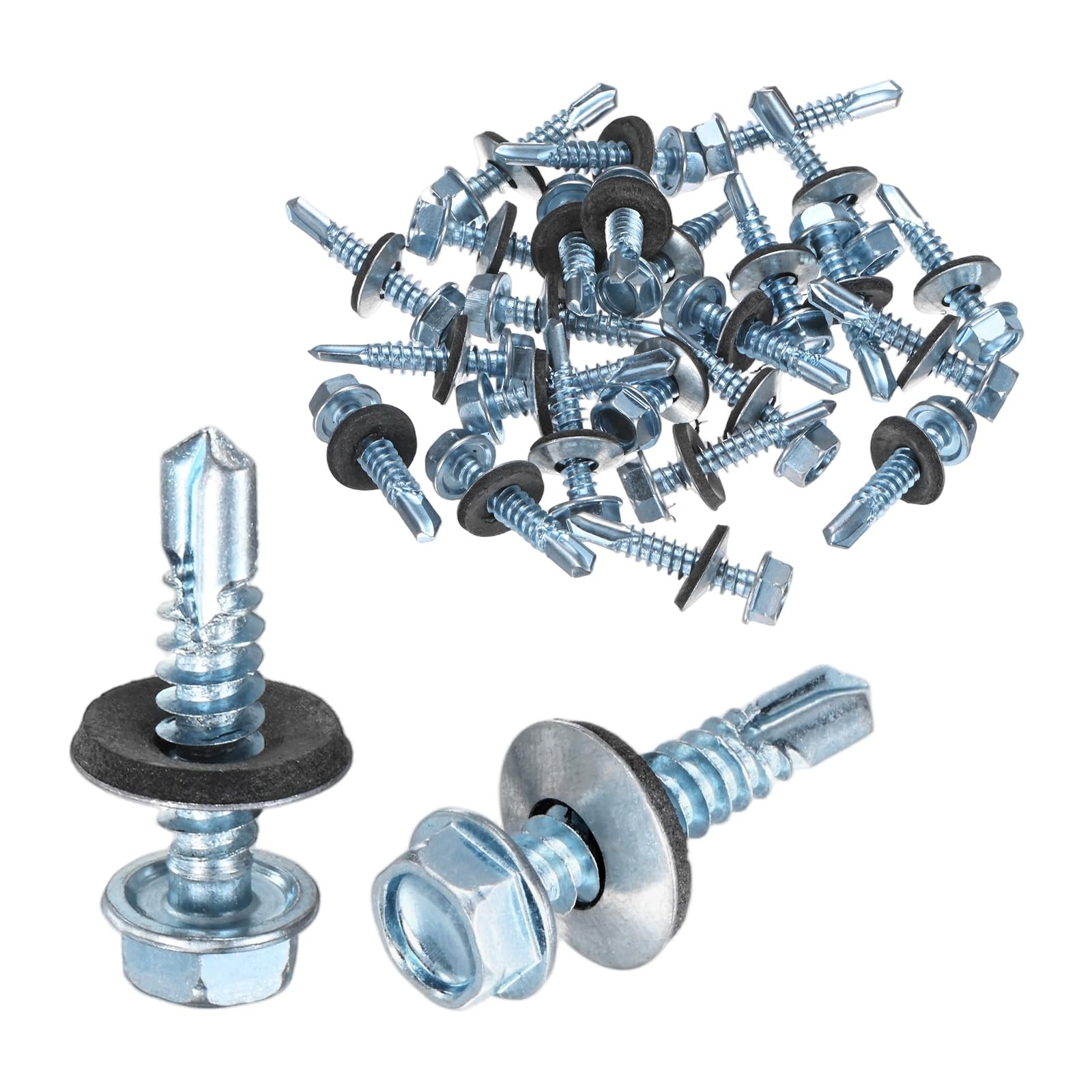 M METERXITY 25-Pack Self Drilling Screws with Rubber Washer M6.3 x 32mm Zinc Plated Carbon Steel Hex Head Self-Tapping Screws for Metal Roofing/Siding Panels/Steel Structures