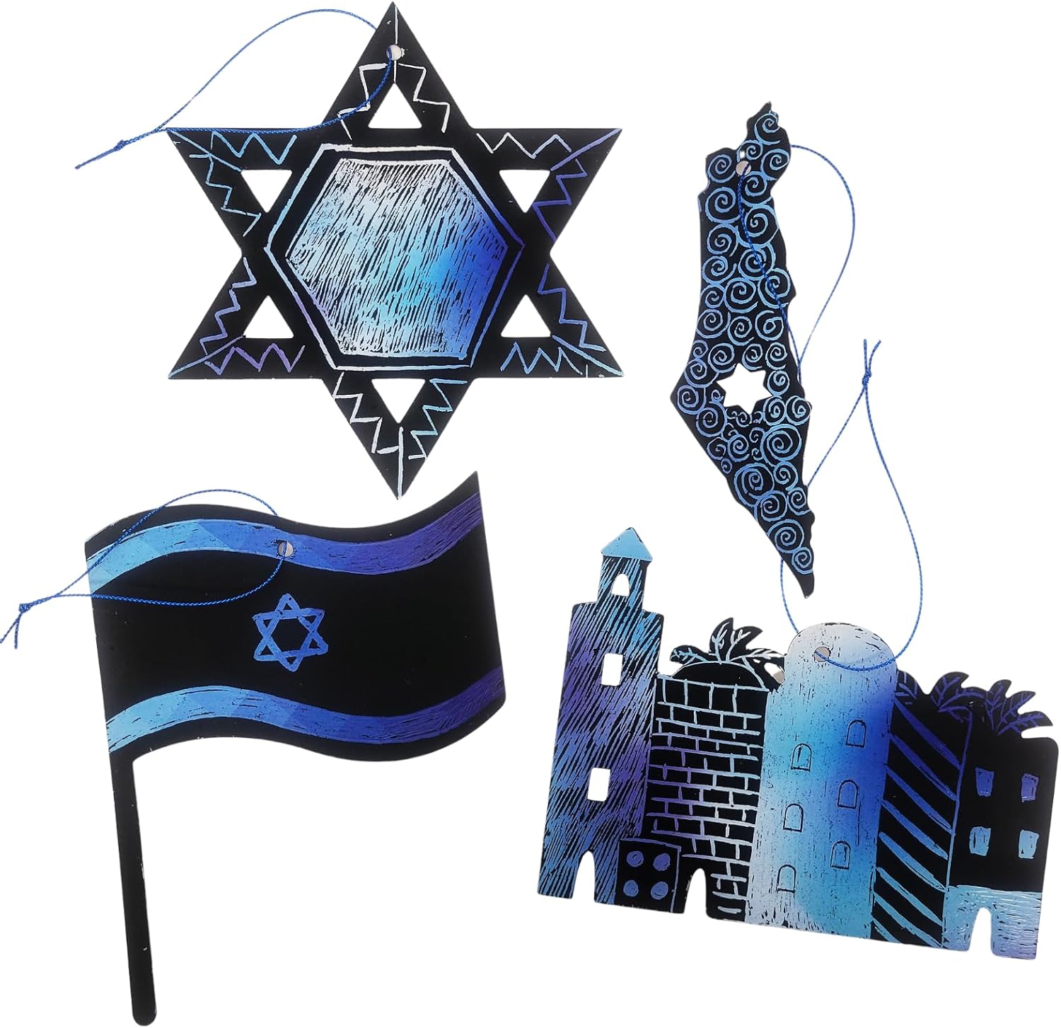 Rite Lite Israel Scratch Art Kit – 24 Israel-Themed Cards with 12 Scratch Tools, Ready-to-Hang with Blue Cord – Fun Creative Activity – Reveal Blue Color, Perfect for Jewish Decor and Display