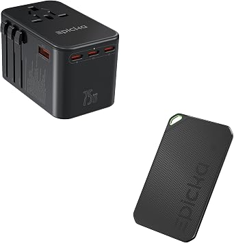 EPICKA Universal Travel Adapter, GaN 75W International Plug Adapter with 3 USB-C PD Fast Charging & Wallet Tracker Card for Apple Find My, MFi Certified, 6-8 Year Battery & IP67 Water Resistant