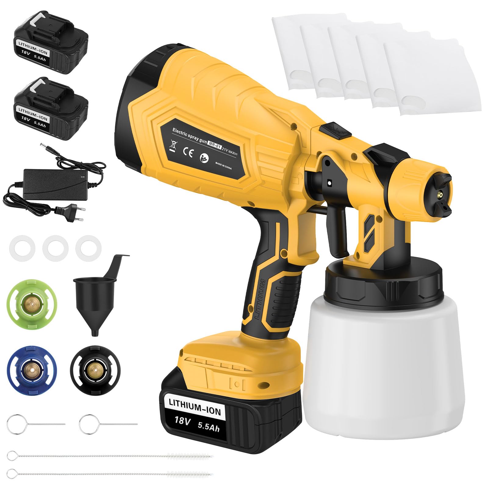 ASUNCELL Pistola Elettrica per Verniciatura, Sistema di Verniciatura a Spruzzo a Batteria con 2X Batterie da 5500mAh, Serbatoio da 1000ml, 3 Ugelli e 3 Modalità di Spruzzo