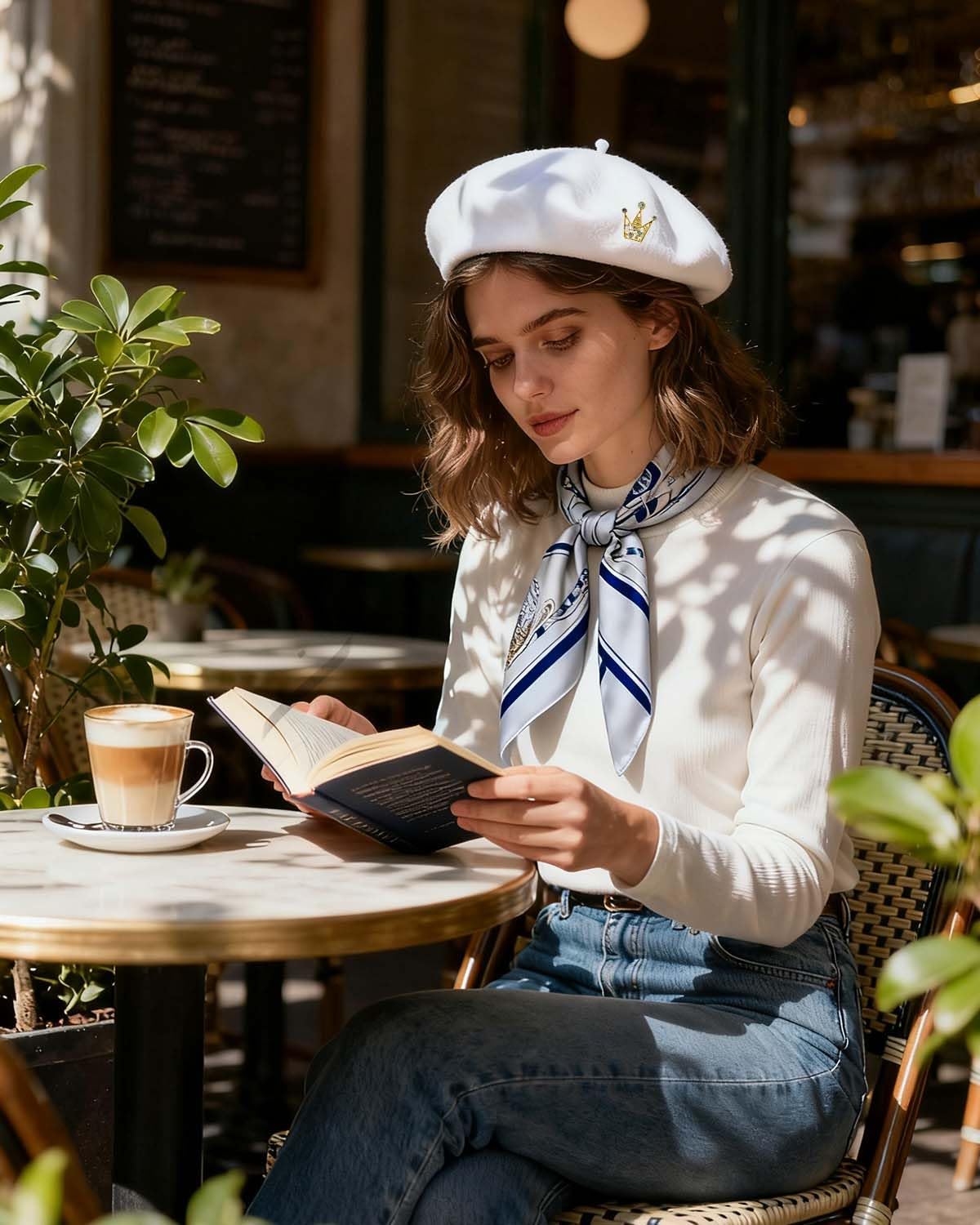 Wool Beret Hats,Solid Color French Women Winter Beanie Cap with Silky Scarf and Brooch - Image 6