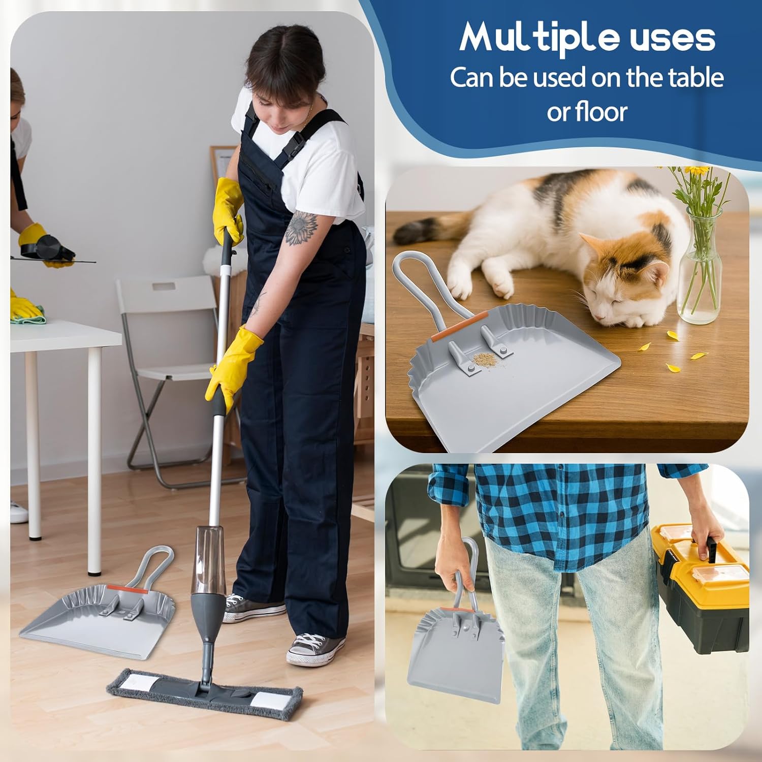 4 Pack 12 inch Heavy Duty Metal Dustpan, Steel Industrial Commercial Dust Pan with Handle, Wide Scooper Dust, Debris Sweeping Tool for Indoor, Outdoor, Fireplace, Silver