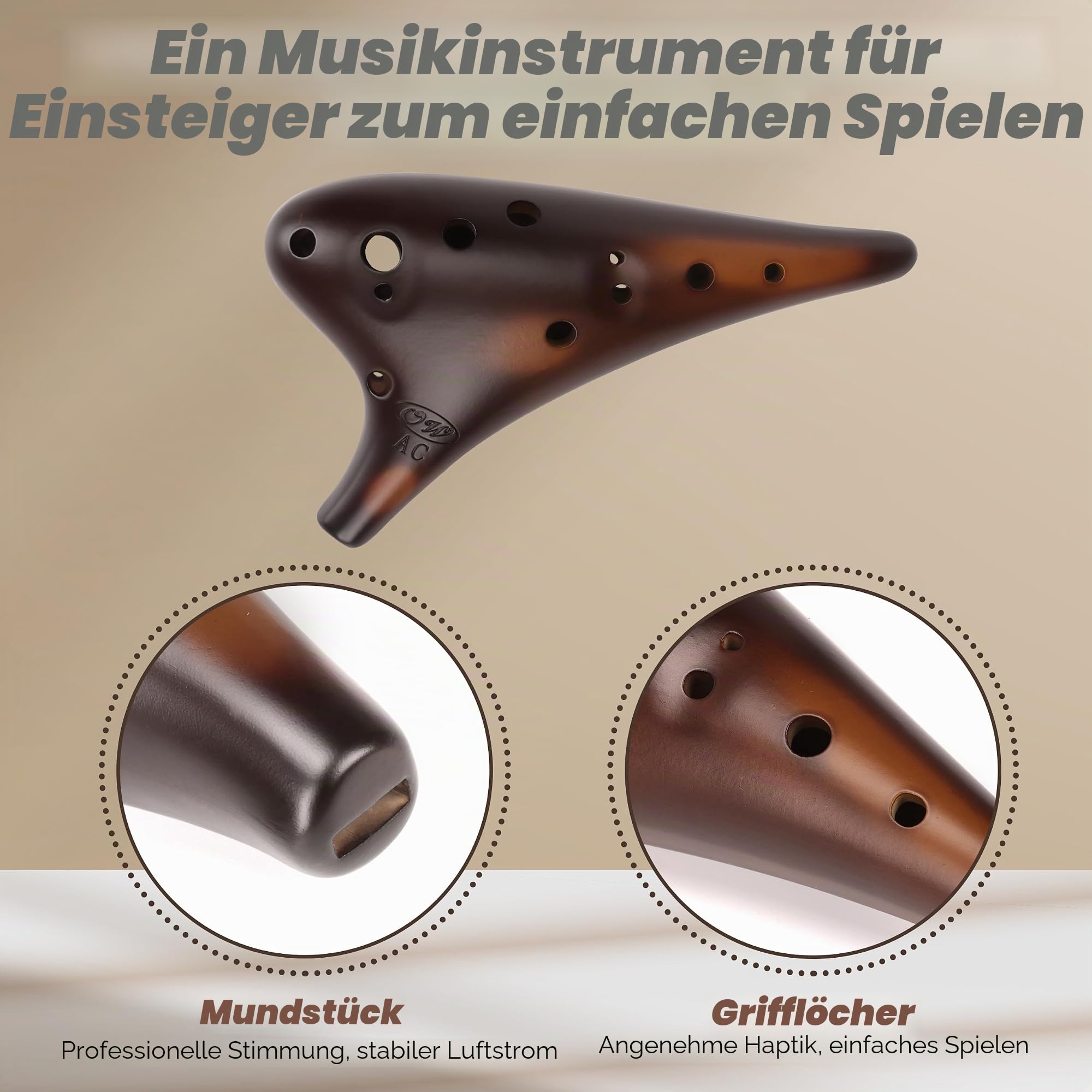 OcarinaWind 'Forest Whisper' 12-Loch-Tenor-Okarina, Klassisch, StrawFire, Sammlerstück, Alto C, Keramik Strohfeuer-Keramik, Rotorange