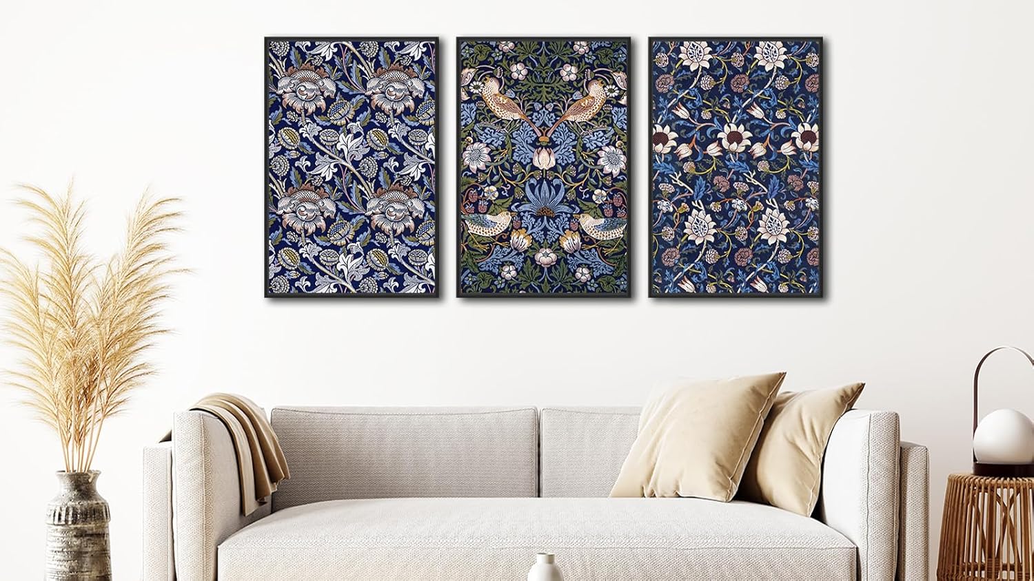 Large Framed Wall Art Flower Pattern by William Morris, Blue Floral Wall Pictures 24"x36"x3 Plants Painting Prints Botanical Canvas Artwork for Living Room Bedroom Home Office Kitchen Decor